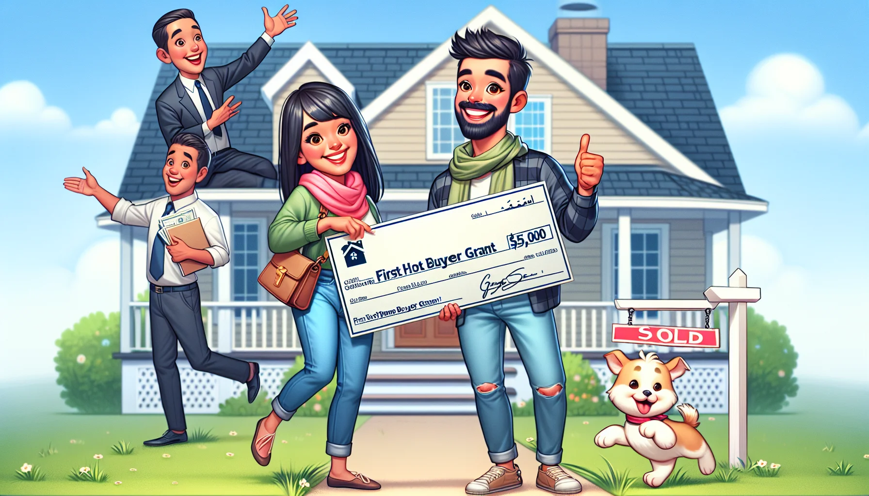 Create a light-hearted and highly realistic scene showing an ideal scenario for a first-time home buyer benefitting from a $5,000 grant. In this scene, a South Asian woman and a Middle-Eastern man, both in their late twenties and dressed in casual attire, joyfully hold a large symbolic check marked '$5,000 First Home Buyer Grant'. Behind them is a charming, quaint two-story home with a 'sold' sign in the yard. They are surrounded by a friendly real estate agent, pointing towards the house and smiling, and their little pet dog, skipping around excitedly.