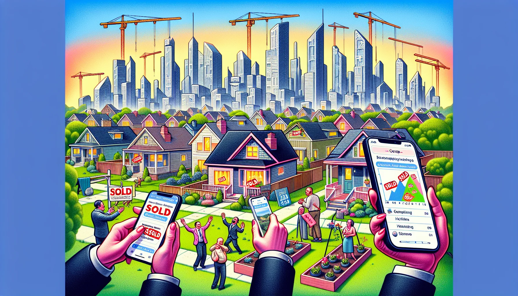 Envision an idyllic and humorous portrayal of the 2024 housing market. The scene depicts a bustling neighborhood, houses sporting 'Sold' signs even before completion, ecstatic estate agents high-fiving each other, and residents joyously gardening their newly acquired yards. Skylines are filled with cranes, indicating the boom in construction. Mobile application screens show the number of listings rapidly decreasing, while the property value chart is in a healthy state of incremental ascent. This scene reflects a perfect utopian version of the real-estate market, bringing smiles to all.