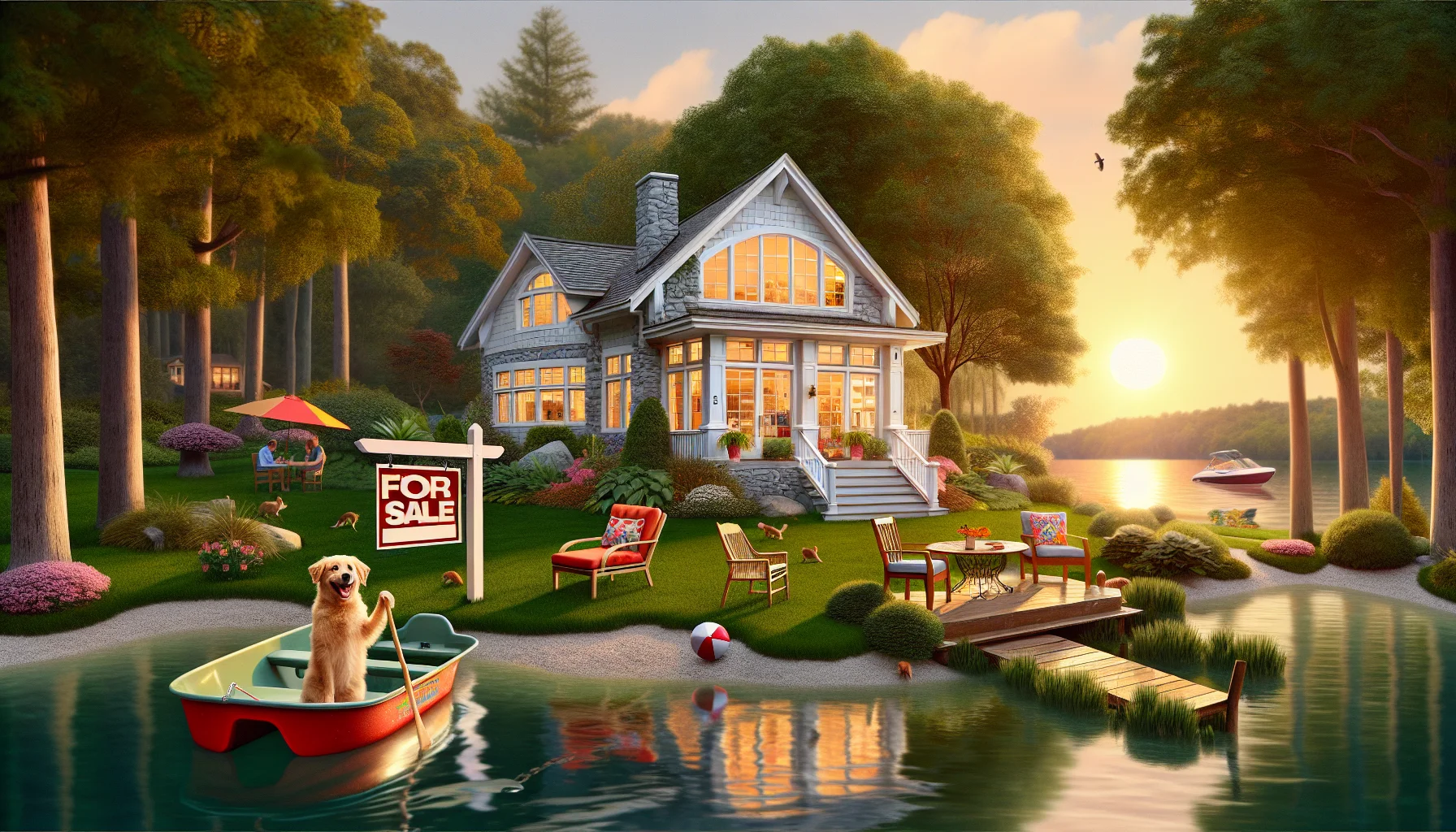 Imagine a humorous and hyper-realistic depiction of a stunning second home nested in a perfect real estate scenario. Picture this as a charming, white-stone, lakeshore cottage set among lush greenery with playful squirrels and chirping birds. In the backdrop, there's a setting sun draping the scene with a warm, golden glow. To add a lighthearted touch, there's a 'For Sale' sign wobbling in the manicured lawn due to an overly-enthusiastic dog wagging its tail against the sign post. The home has wide-paned windows reflecting the serene view, a cozy porch with vibrant, comfy furniture, and a fun, four-person paddle boat tethered near the private dock.