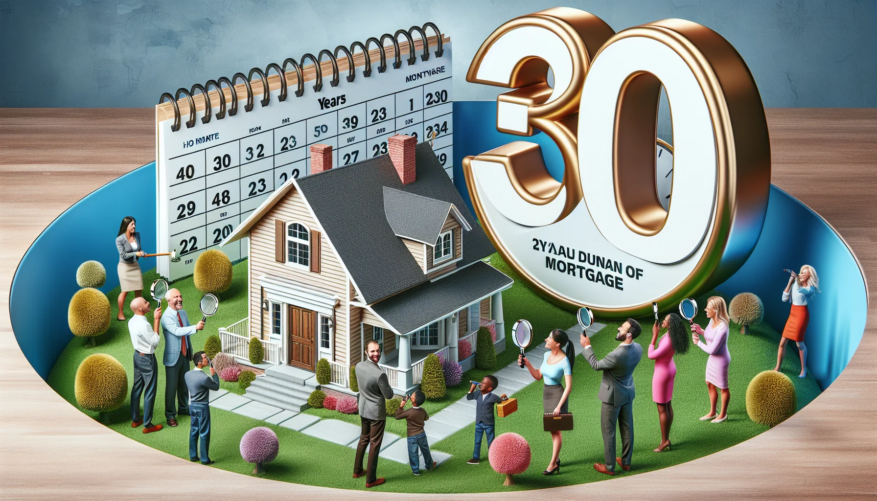 Create a humorous and realistic image displaying a typical duration of a home mortgage in an ideal real estate scenario. Picture a large, three-dimensional number '30' floating above a well-manicured suburban house, suggesting 30 years as the conventional mortgage plan. Also, include some happy people of diverse descents such as Caucasian, Black and Hispanic, each holding a magnifying glass examining a miniaturized house model which stands on a giant calendar depicting passing years, symbolizing the mortgage period. The entire scene should evoke a sense of humour and light-hearted education about home mortgages.