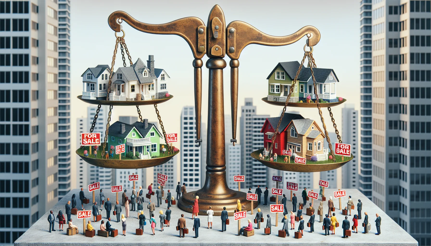 A unique and humorous scene representing the real estate market: the balance between buyers and sellers. Illustrate a large scale or balance in the middle of a bustling city with skyscrapers. On one side, there are tiny figures of enthusiastic potential homebuyers of various descents such as Caucasian, Hispanic, Black, Middle-Eastern, and South-Asian and genders. They're eyeing at a pile of beautifully crafted miniature houses. On the other side, real estate agents of mixed descents and genders are holding signs saying 'For Sale', sitting amongst multiple houses. Both ends of the scale are perfectly balanced, indicating a balanced market.