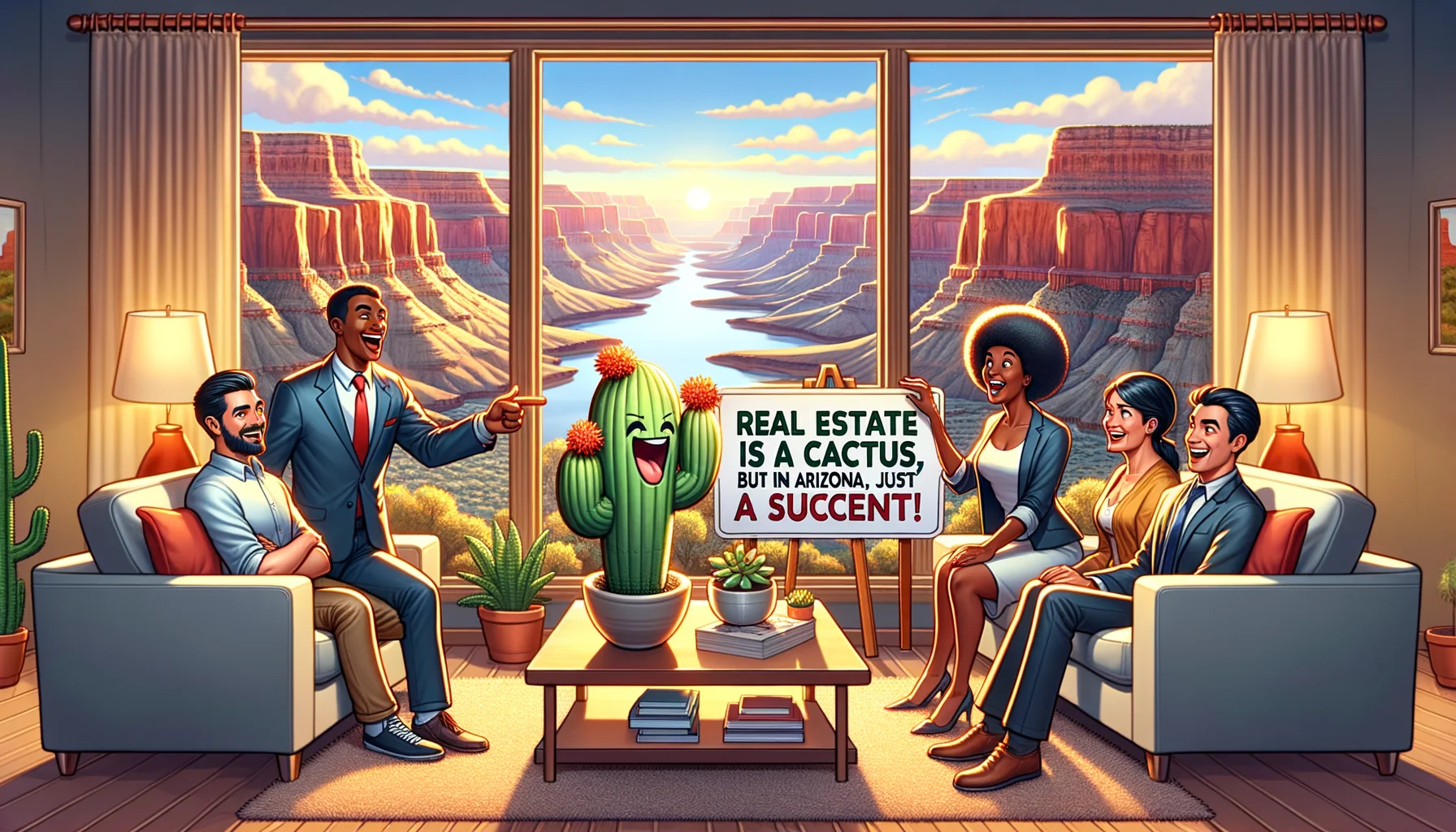 Create a humorous and realistic image celebrating the best aspects of Arizona's real estate market. Picture a spacious sunlit living room with large windows revealing the stunning backdrop of the Grand Canyon. On the right, have a real estate agent, an African American woman, laughing as she points towards a playful sign saying 'Real estate is a cactus, but in Arizona, it’s just a succulent!'. On the left, have a Middle Eastern man and a Hispanic woman, potential buyers, looking amazed and excited at the scene unfolding before them.