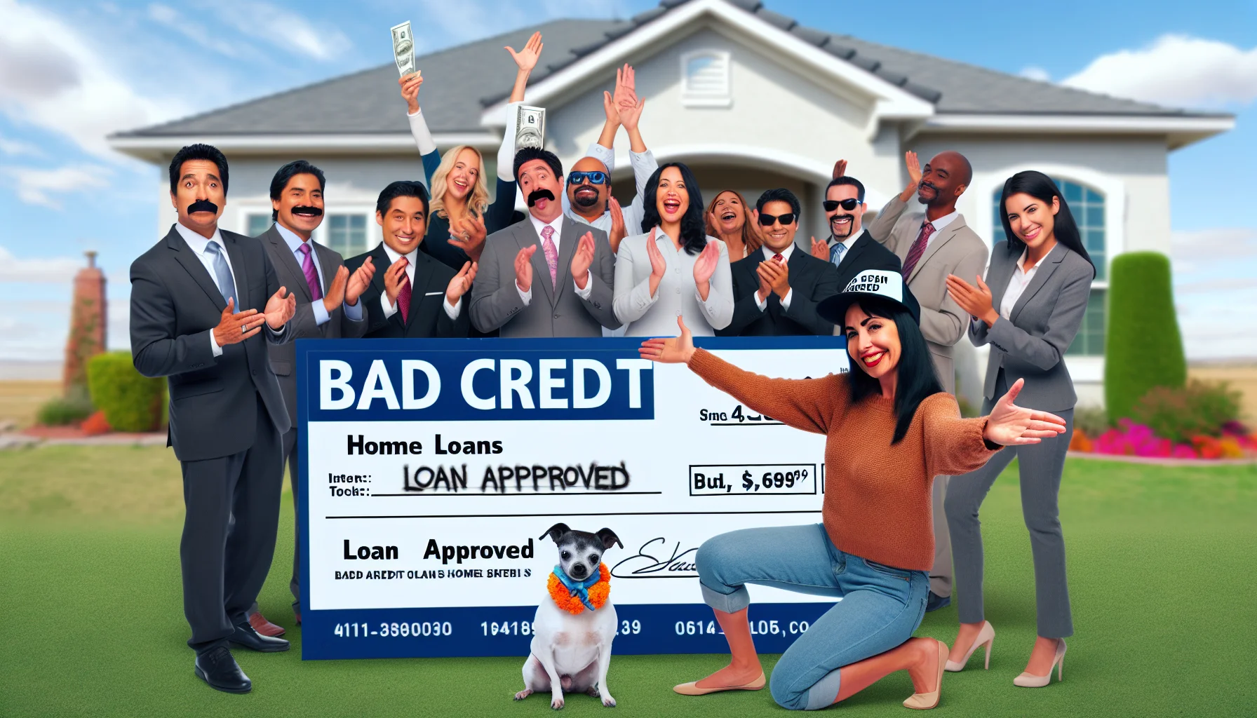 Create a humorous and lifelike scene showcasing the best possible scenario of bad credit home loans in the field of real estate. Picture this: A joyful middle-aged Hispanic woman, holding an oversized cheque with the inscription 'Bad Credit Home Loan Approval'. Put an opulent house in the background, complete with a sold sign on the front yard. Also, include a diverse group of happy real estate agents from varying descents: South Asian, Black, and Middle-Eastern, all clapping and celebrating. For a final touch of humour, place a dog dancing on its hind legs, wearing a cap that says 'Loan Approved'.