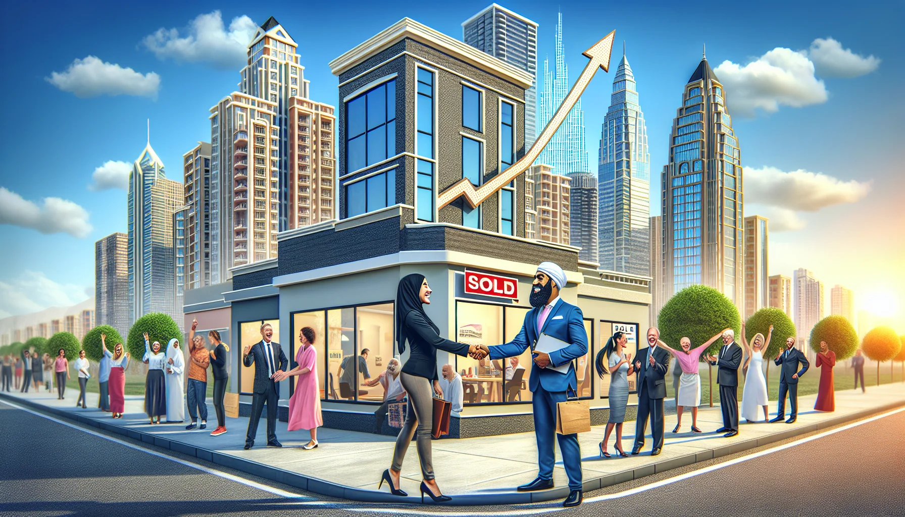 Imagine a jovial scene perfectly encapsulating the best scenario for real estate investment. In the foreground, a delighted, black female real estate investor shaking hands with her Middle-Eastern male client in front of a pristine commercial building. The edifice has a 'SOLD' sign posted. In the background, soaring property values are represented through a graph with a skyward arrow, embodied into the lively cityscape itself. Further in the scene, people of various descents and genders are joyfully celebrating successful investments near other well-kept buildings. A clear sky reflects a bright, prosperous day for real estate.