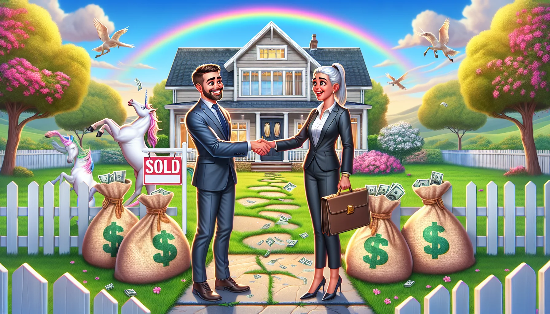 Generate a humorous, realistic image depicting the perfect scenario in real estate investment. Show a gleeful real estate agent, a Caucasian man in a suit, handshaking with a delighted buyer, a Middle-Eastern woman in professional attire. They are standing in front of a charming, pristine property with a 'Sold' sign in the yard. Overflowing bags of money are scattered around, symbolizing profitability. The surroundings are idyllic, with a clear blue sky, manicured gardens, and a white picket fence. A rainbow arches over the property, and a unicorn grazes in the background, playfully alluding to the 'dream' aspect of the perfect investment.