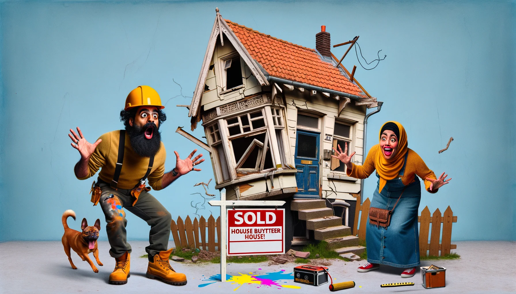 Picture a humorous scene of house buying adventures! A Middle-Eastern man and a Hispanic woman, both in hard hats and construction gear, stand in front of an eccentrically dilapidated house, their wide eyes revealing a mixture of shock and amusement. The house leans to one side, with a door hanging off its hinges and a window precariously cracked. However, a 'Sold' real estate sign proudly sits in the untidy front yard. An excited dog runs around, knocking over a can of paint, splashing bright color onto the worn-out fence. Laughter is effectively captured in this joyful yet satirical vision of purchasing a fixer-upper house.