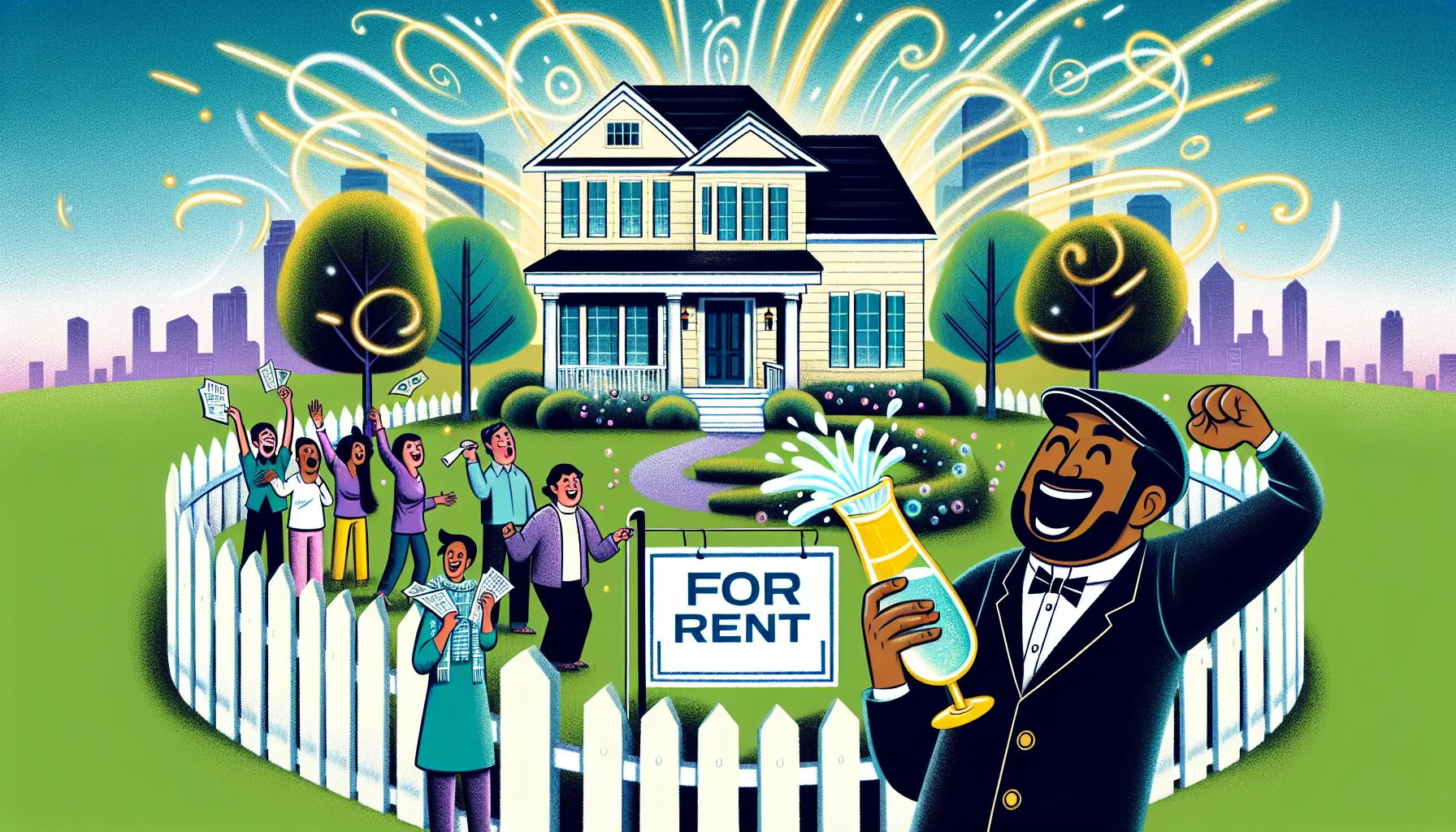 Create a humorous and detailed image depicting a perfect real estate scenario. The scene should involve a jubilant individual of Hispanic descent buying a beautiful, sprawling suburban house with a lush green lawn and freshly painted white picket fence. Nearby, there is a real estate agent of South Asian descent celebrating the sale by popping a champagne cork. The new homeowner is happily visualizing a 'For Rent' sign in the front yard. A dynamic, cartoonish speed line effect indicates imagined renters of varying descents (Caucasian, Black, Middle-Eastern, White) and genders lining up to pay their rent in advance.