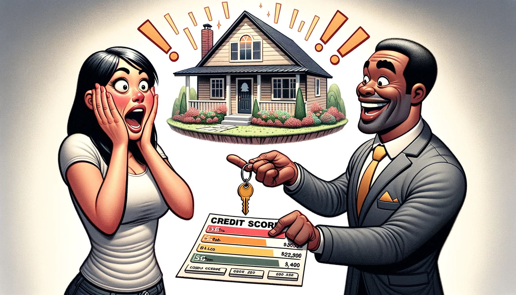 An amusing yet realistic depiction of an ideal scenario where a person is buying a house despite having bad credit. The image should portray a Hispanic woman in her 40s, expressing surprise and joy at the news of her successful house purchase. The real estate agent, a black man in his 50s with a jovial smile, is presenting her with the house keys. In the background, there's a charming modest house that she has just purchased. A chart in the corner of the image humorously shows a low credit score miraculously jumping to a perfect score, symbolizing the lucky event.