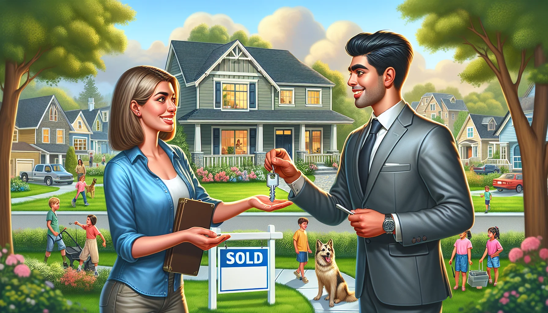 Create a humorous, realistic image that showcases the ideal scenario of purchasing a second property to be utilized as a primary residence in a thriving real estate market. The scene includes a Caucasian female realtor handing over the house keys to a Middle-Eastern male buyer. They are standing in front of a beautiful, two-story cottage with a 'Sold' sign out front. The background sports a lively neighborhood with children playing, people walking dogs, and lush green parks. The buyer's face is radiating with joy, a reflection of his successful real estate investment.