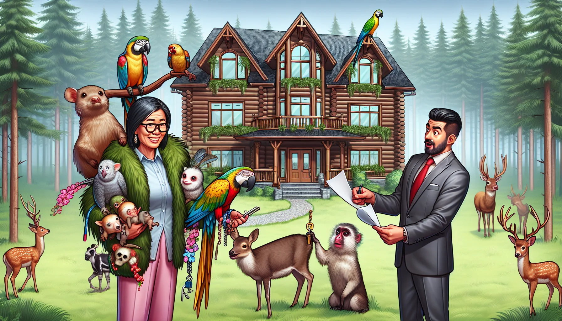 Picture a hilarious and realistic scenario where someone is buying a second home but planning to use it as their primary residence. Imagine a lavishly furnished, fancy log cabin nestled in the middle of a dense forest. The buyer is a middle-aged Asian woman who, comically, is bringing along all her exotic pets - from a parrot on her shoulder to a small monkey helping her sign the papers. A perplexed Hispanic estate agent is handing over the keys, while a deer peeks from the surrounding bushes, adding to the humor of the situation.