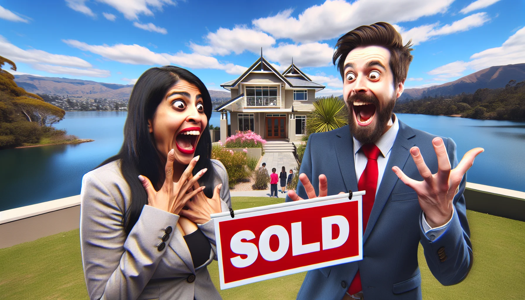Create a humorous and realistic image of a South Asian woman and a Caucasian man expressing excitement as they purchase their second home, which is set to be their primary residence. The house should be idyllically positioned in an optimal real-estate location, such as by a serene lake with gorgeous views. Their joy should be evident by a big red SOLD sign, the presence of a very satisfied Middle Eastern real estate agent, and their faces filled with absolute delight. The background should be a sunny day, blue skies filled with fluffy clouds, a beautiful garden, and a friendly neighborhood.