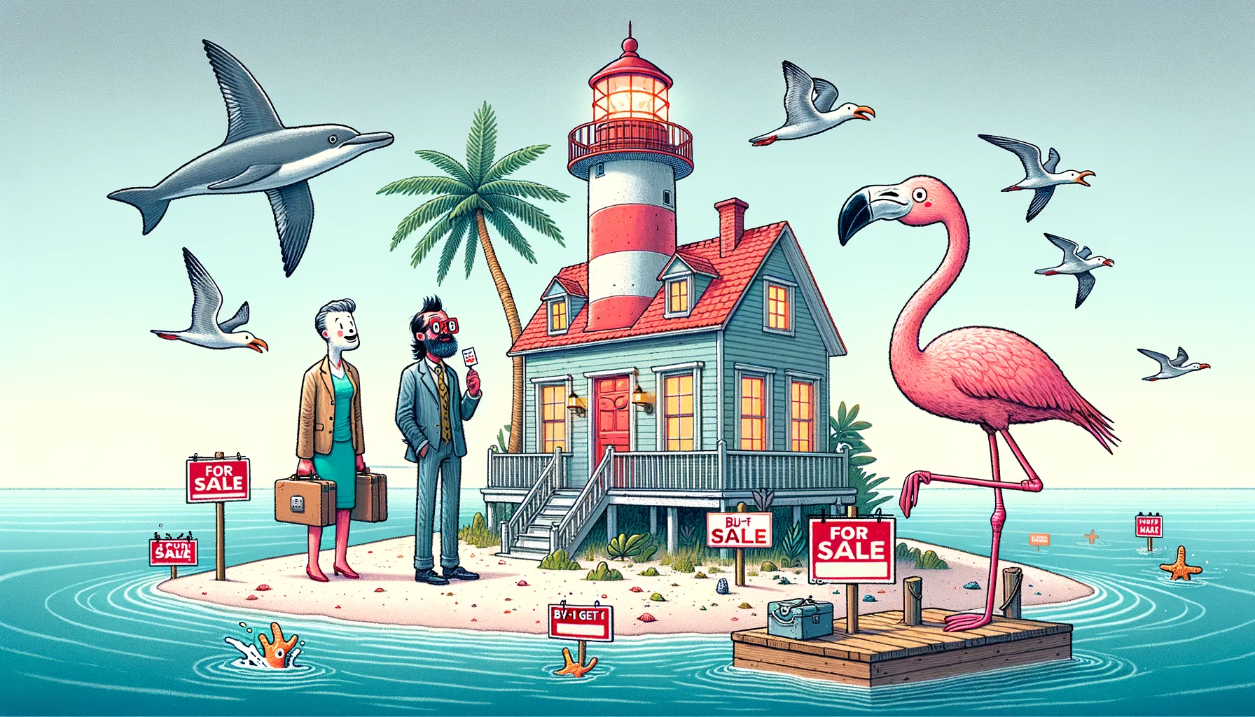 Illustrate a whimsical and humorous scenario of three people from different descents, a White man, a Hispanic woman, and a South Asian man, attempting to buy their second home. This home is not ordinary, but a lighthouse on a tiny island with a single palm tree. The real estate agent is a flamingo standing on one leg, wearing glasses, and holding a sign that reads 'For Sale'. Surround the scene with buy-1-get-1 seagulls flying overhead, a dolphin jumping out of the water with a 'sale' sign in its mouth, and create a general ambiance of comic hilarity.