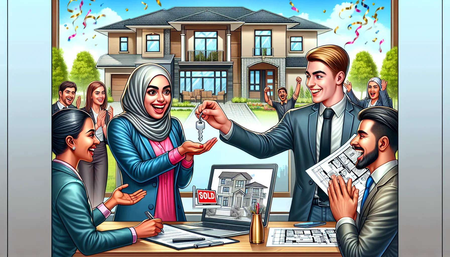 Create an amusing yet realistic depiction of the ideal scenario for buying an investment property. The image shows a bustling real estate office, where a female Middle-Eastern real estate agent with enthusiasm on her face, hands over a shiny key to a happy Caucasian male investor. The background showcases a beautifully constructed property with a 'Sold' sign in the yard. Nearby, a South Asian woman and a Hispanic man, fellow investors, are seen appreciatively studying blueprints of future properties. A positive vibe with everyone smiling and celebratory confetti in the air.