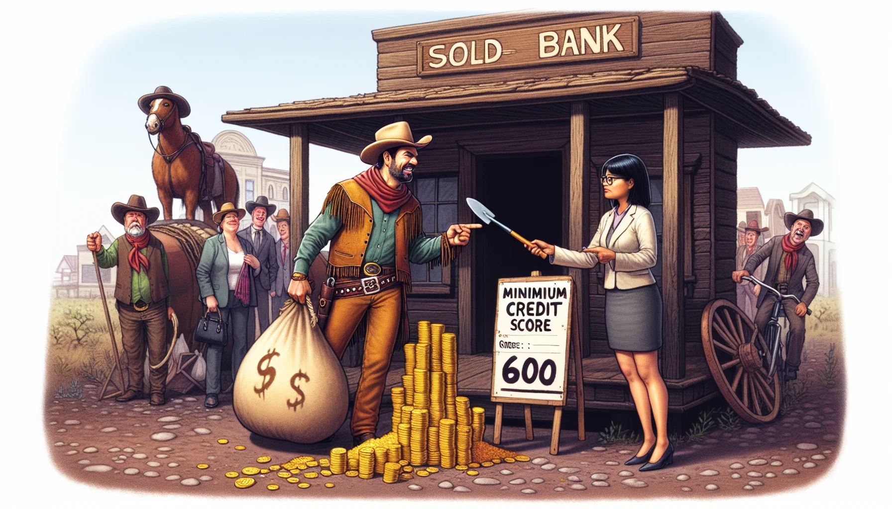 Imagine a humorous scene of a bank in the old Wild West. A cowboy, whom we'll say is of Hispanic descent, walks in with an enormous bag of gold coins and a shovel, expressing his intention to buy a house. The stern-faced, female South Asian banker, in disbelief, shows him a wooden placard written 'Minimum Credit Score: 600'. People around are giggling. The cowboy, clueless, pulls out a piece of parchment showing a hand-drawn 'credit score' of 500. The scene is full of humorous exaggerations that visualize the concept of trying to buy a home with a low credit score in a lighthearted way.
