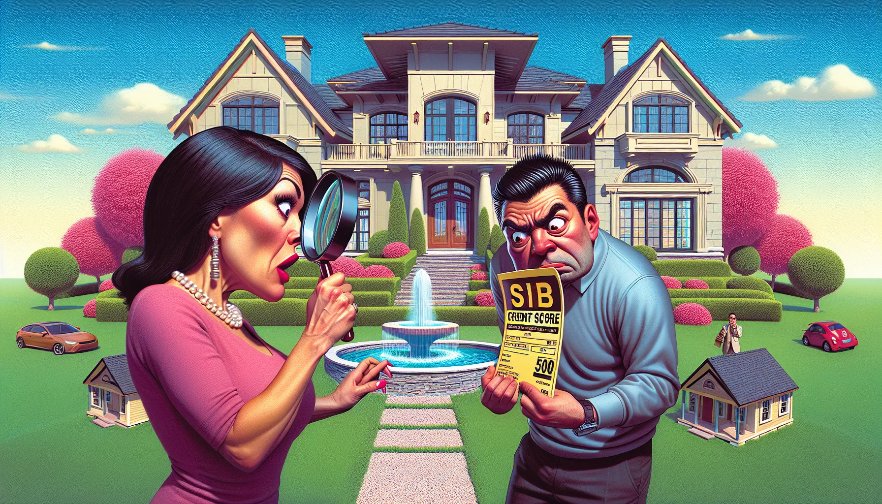 A visually humorous scenario shows a person attempting to buy an extravagant mansion with only a 500 credit score. The real estate agent, a middle-aged Hispanic woman with a hard-to-believe expression on her face, pulls out a magnifying glass to examine the buyer's credit report closely. The buyer, a South Asian man in his 30s smirk at his bravery. The luxurious mansion stands in the background, surrounded by manicured lawns and elaborate water fountains. A trio of tiny houses sits on the edge of the image, humorously displayed as 'affordable options'. The image is vibrant and vibrant, with a touch of realism and humor.