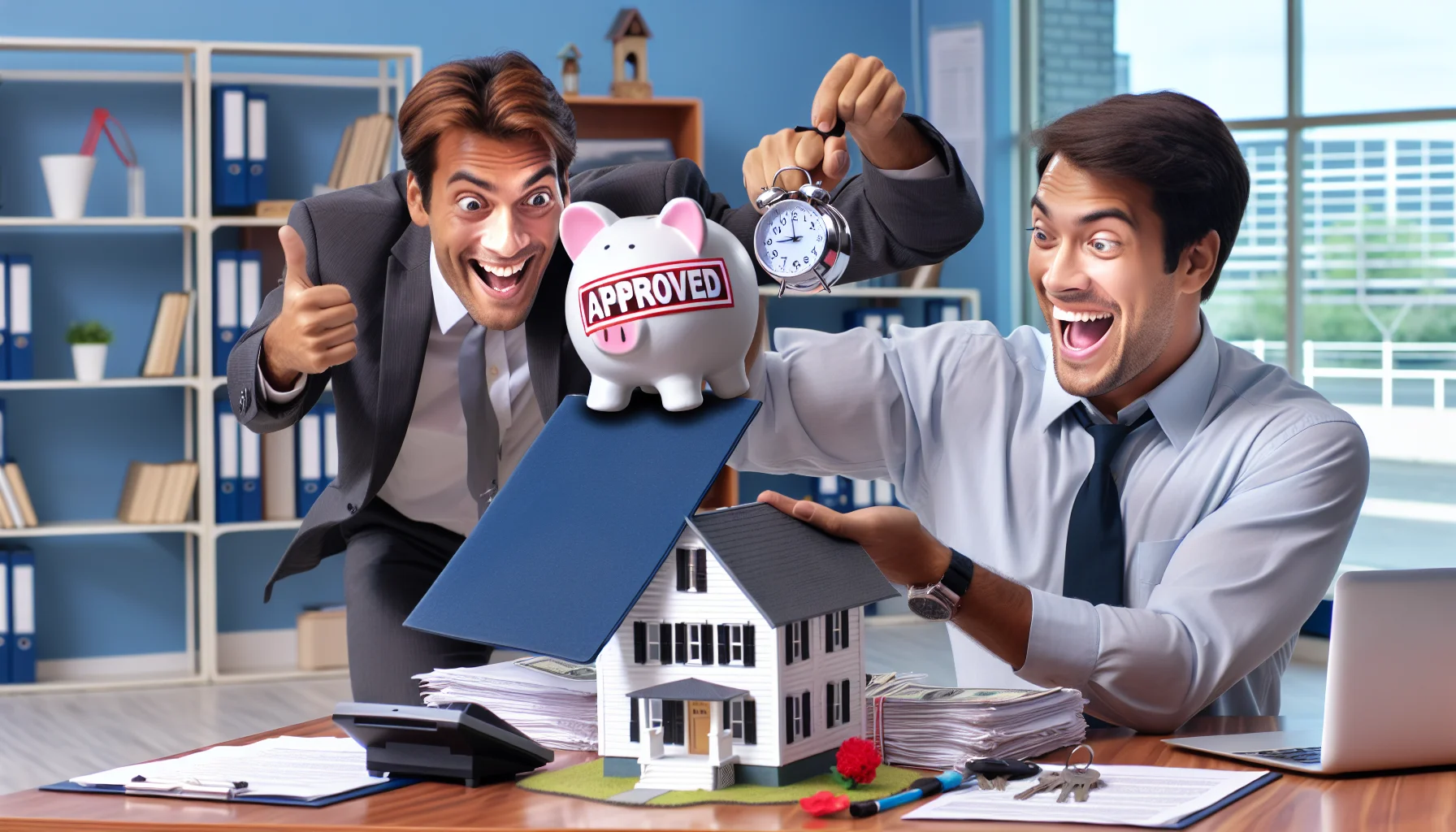 Generate an amusing, reality-inspired image. One half of the picture illustrates a delighted, Caucasian male bank agent, just about to stamp 'Approved' on a huge loan application folder. The other half shows a jubilant Hispanic female homebuyer joyously holding a sizable house-shaped piggy bank with the words 'Down Payment' written on it. They are in a well lit, carefully arranged office with real estate documents, brand-new home keys, and miniature house models on the desk, displaying a perfect scenario for acquiring a down payment for real estate.