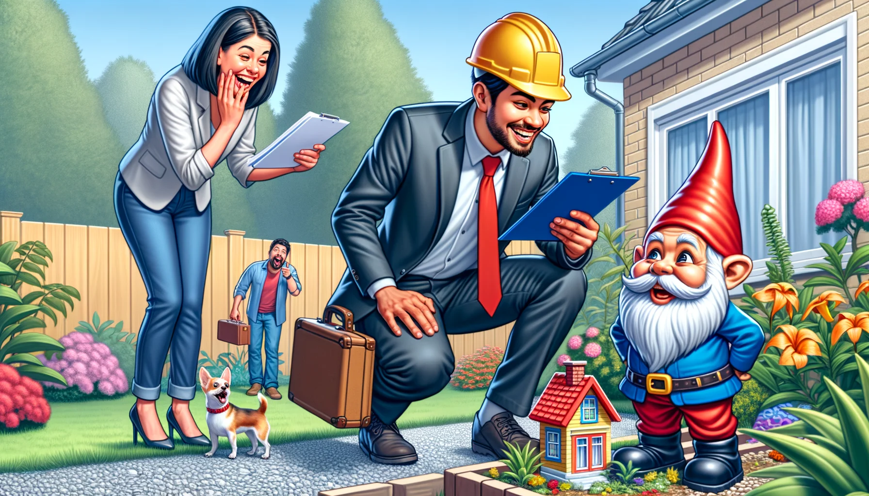 Create a vivid and entertaining illustration in the style of realism. Showcase a scene with a South Asian male home inspector wearing the traditional uniform, complete with a hard hat and a clipboard, humorously inspecting a gnome house in a garden. Meanwhile, a Caucasian female homeowner, laughing, points this out to her Hispanic male partner who's holding their small, excited dog. This comical scene twists the typical inspection as it shows the inspector deeply immersed in his job, unintentionally ignoring the actual human-sized house in the background.