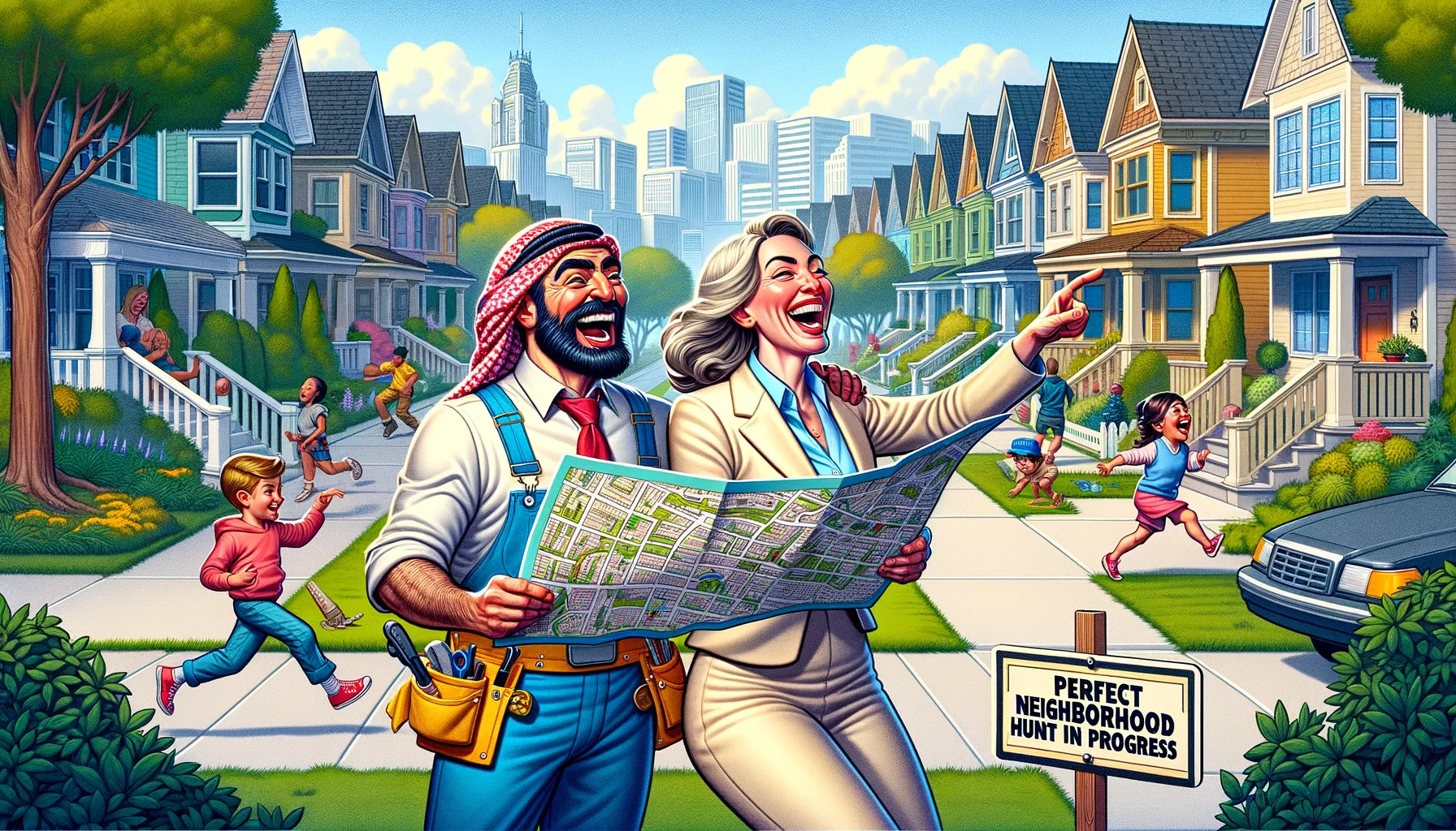 Generate a humorous and realistic visual capturing an ideal scenario of choosing the right neighborhood. The scene includes a couple with a map venturing through a vibrant street. The man is Middle-Eastern, wearing a handyman outfit, and energetically pointing at various houses. The woman is Caucasian, dressed in a chic business suit, holding the map, and laughing joyously. The neighborhood is refreshing, filled with diverse greenery, historical homes, children playing safely on the streets, and friendly neighbors of various descents waving hello. A signboard in the foreground humorously says 'Perfect Neighborhood Hunt in Progress'.