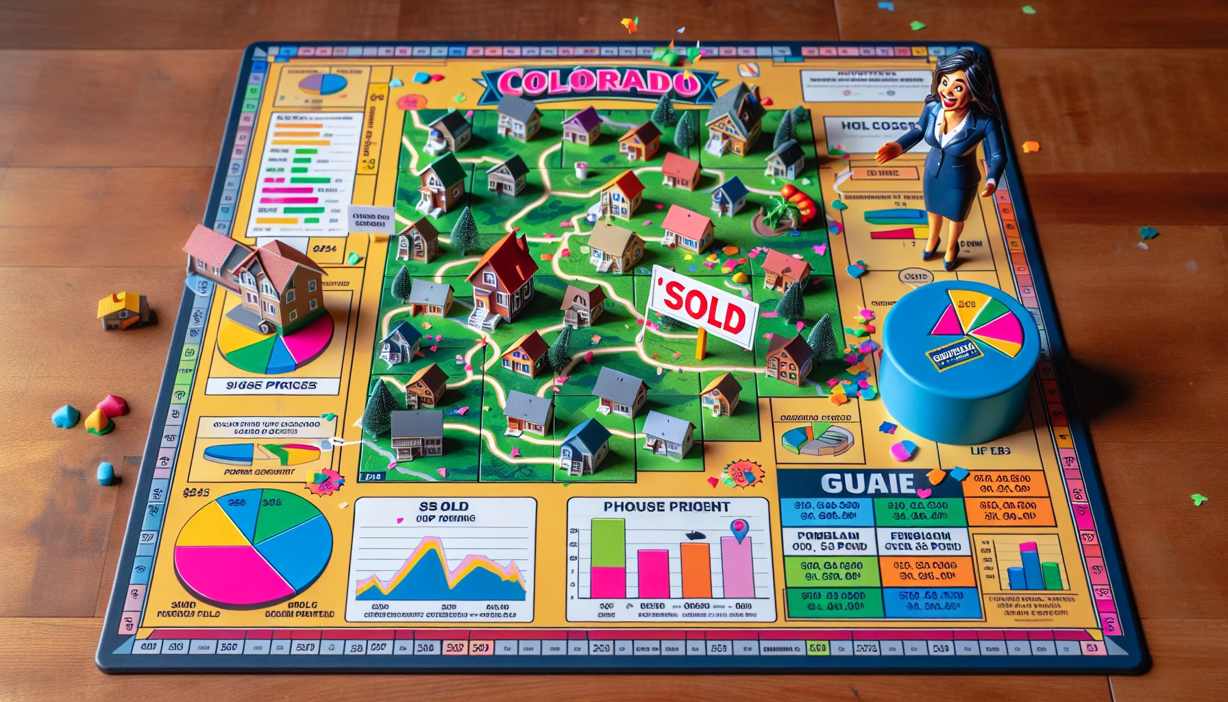 Imagine a board game-style depiction of the Colorado housing market in 2024 at its most ideal. The board shows a large, colorful map of Colorado with miniature houses, shops, and parks covering the state. There are pie charts and playful, colorful infographics scattered across the map showing surges in house prices, population, and economic growth. A pair of hands are shown placing a 'Sold' sign on a miniature dream house. On the side of the image, there is a comical character, an optimistic South Asian woman wearing a realtor's blazer, laughing and throwing confetti into the air.