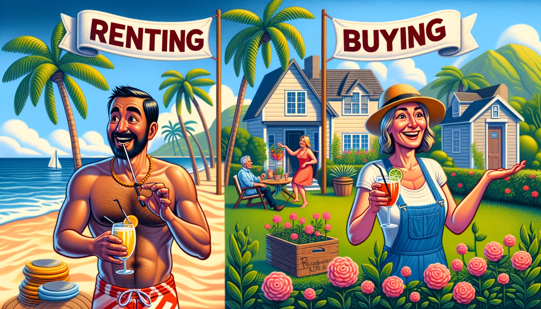 Create a humorously exaggerated image that brings to life the ideal scenario of renting versus buying: on one side, depict a relaxed and happy man of South Asian descent, sipping a drink on a tropical beach under a palm tree, a banner overhead with the words 'Renting Life'. On the other side, show a proud Caucasian female homeowner, happily planting flowers in the garden of a picturesque cottage, with a banner saying 'Buying Life'. Both sides are filled with joy and satisfaction, symbolising the best possible outcomes of both choices.