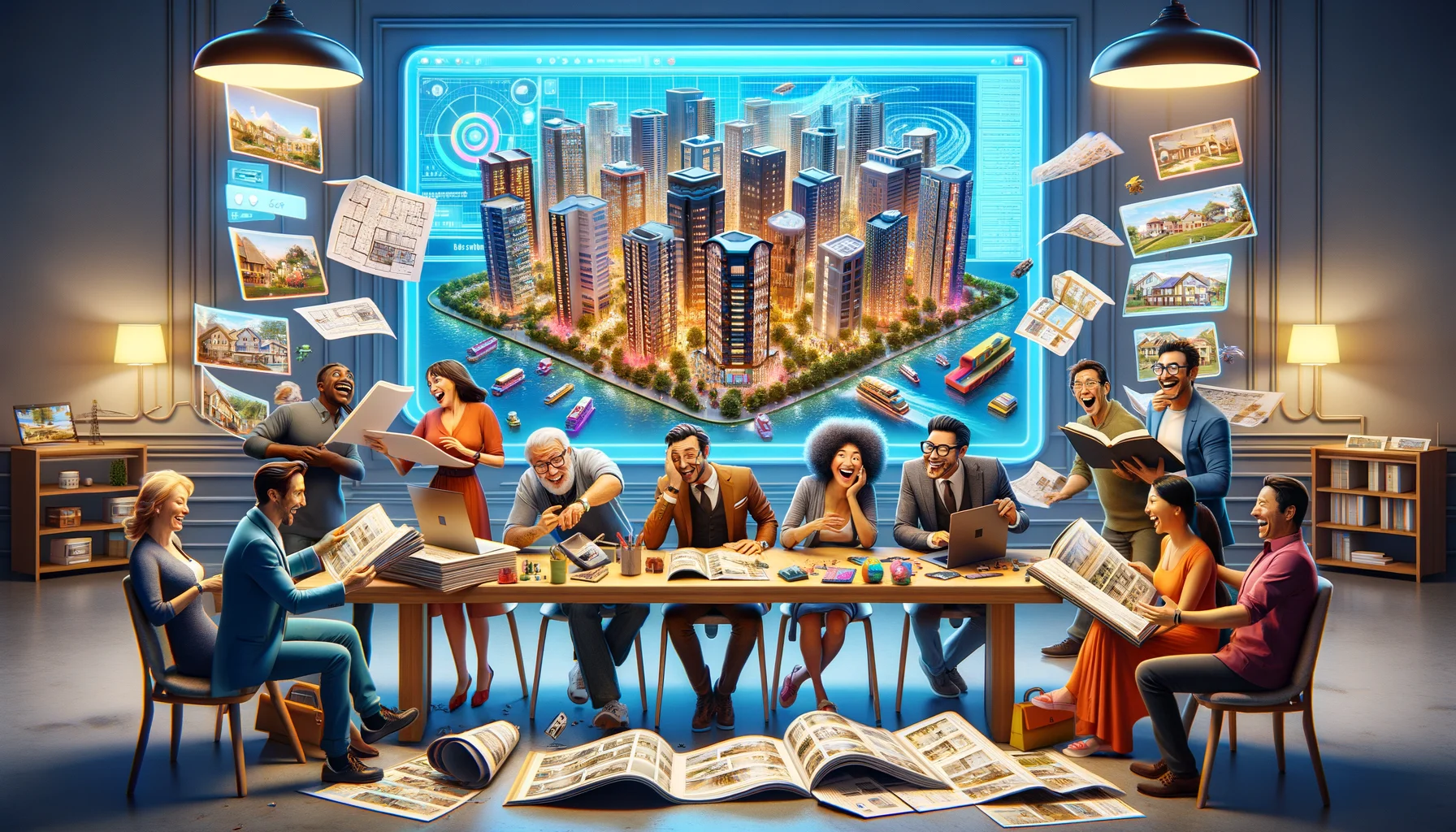Imagine a lively scene representing a Comprehensive Real Estate Information Hub in a humorous and light-hearted way. Imagine a variety of potential buyers: an excited Caucasian couple looking at a digital screen showcasing various properties, a curious black woman analyzing a blueprint spread on a long table, a South Asian man wearing reading glasses and flipping through a huge book of property listings, and a Middle-Eastern family discussing options in front of a 3D interactive map of the city. The atmosphere is filled with thrills and chuckles over the interesting aspects of properties, making the place feel like a happening carnival.