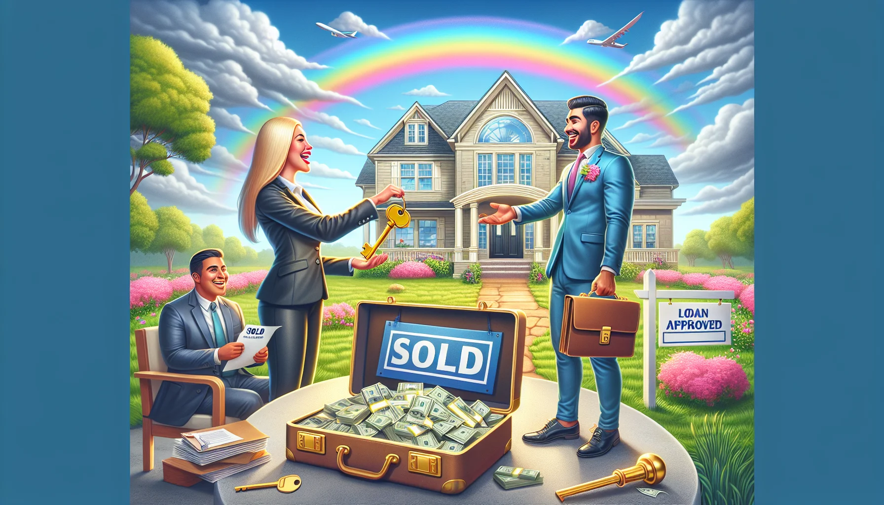 Imagine a whimsical and surreal scenario which embodies the perfection of conventional loan down payment assistance in real estate. Picture an ecstatic South Asian female real estate agent in a formal suit, handing over a gleaming golden key to a jubilant Hispanic male client. They are standing in front of a magnificent, well-designed house with a 'Sold' sign swinging in the garden. A rainbow arcardes over the house, while a briefcase overflowing with cash and documents marked 'Loan Approved' sits open on an adjacent table. Make it look as lively and realistic as possible.