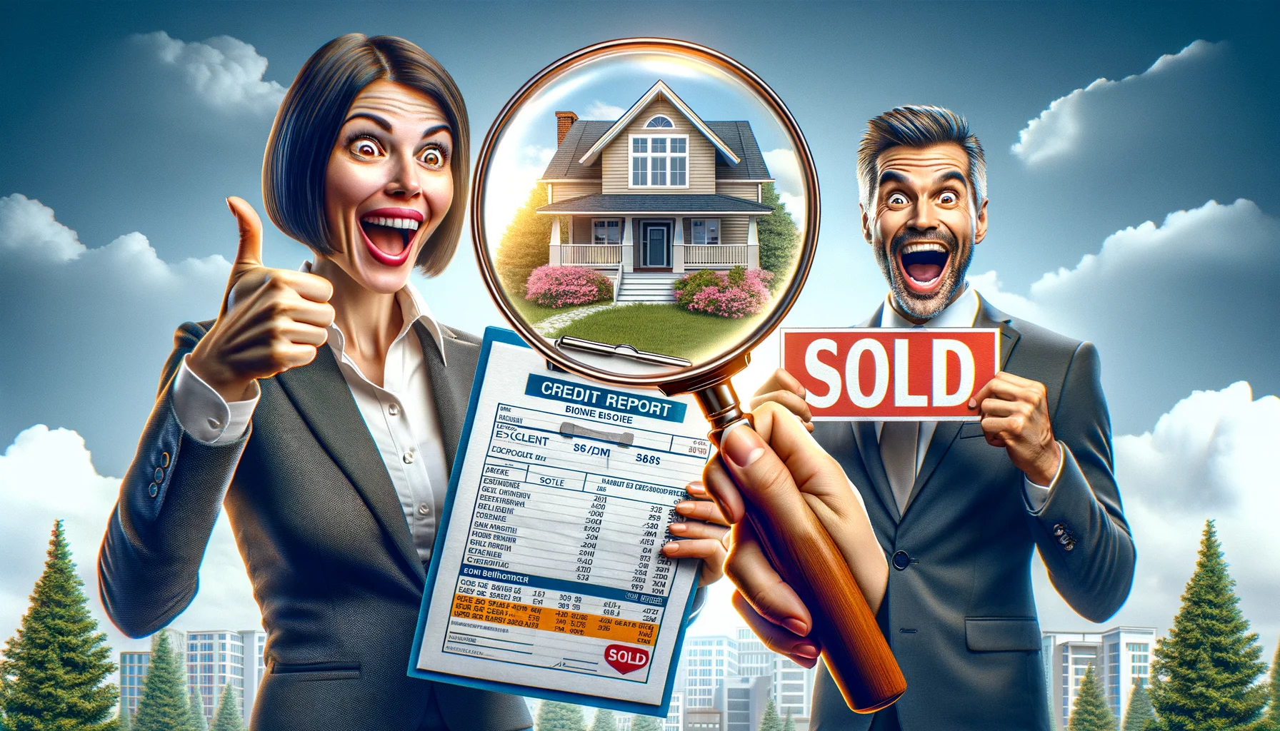 Design a humorous and hyper-realistic image that illustrates the concept of home buying with a perfect credit score. Image composition should include a magnifying glass zooming in on a pristine credit report held by a Caucasian woman in a professional outfit, showcasing an 'excellent' rating. In the background, an ecstatic Hispanic man holding a sold house placard, signifying successful home buying. Exaggerated expressions of joy, large numbers indicating high scores and the dream-like aura of a perfect residential house can add to the comedic and surreal elements of the scenario.