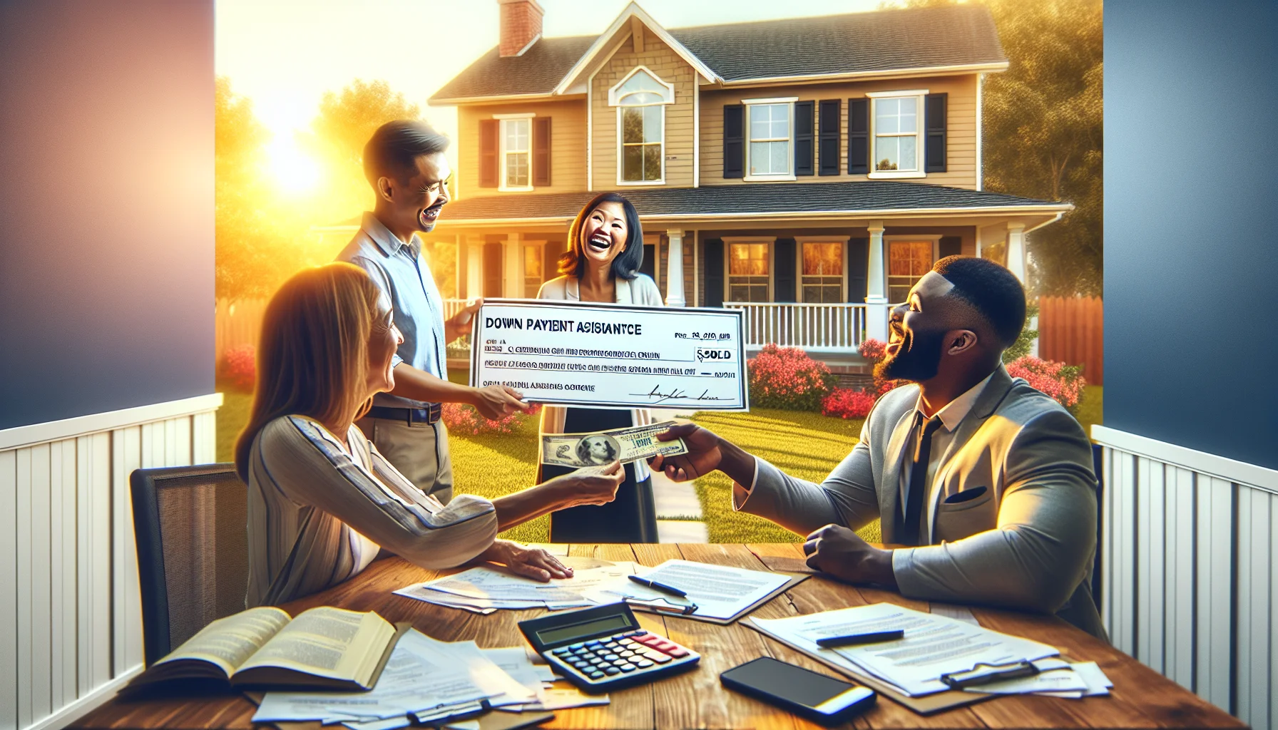 Create a lively and humorous image of an ideal yet realistic scenario centered around down payment assistance for a conventional home loan. Illustrate a South Asian female real estate agent handing over an oversize check to a joyful African-American couple who just finalized their mortgage loan agreement, in the backdrop, an attractive and quaint suburban house bathes in golden sunlight. Activity revolves around a table full of paperwork; add a mild touch of chaos with papers and calculator scatter. Highlight the 'Sold' sign in the front yard, and any other small, funny details that contribute to this perfect real estate scenario.