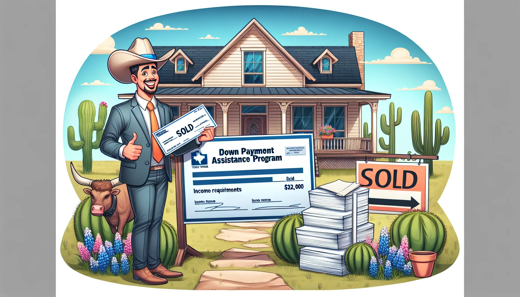Illustration of a comical, realistic scenario involving a Texas down payment assistance program. The image highlights the ideal case regarding real estate and income requirements. It features a well-dressed individual happily examining an oversized check symbolizing the aid from the program while standing in front of a charming Texas-style home with a for-sale sign displaying a 'Sold' plaque. In the background, there's a pile of paperwork indicating the income requirements which are easily achieved by the individual. Cactuses, bluebonnets, and longhorn cattle are there to give a touch of Texas charm.