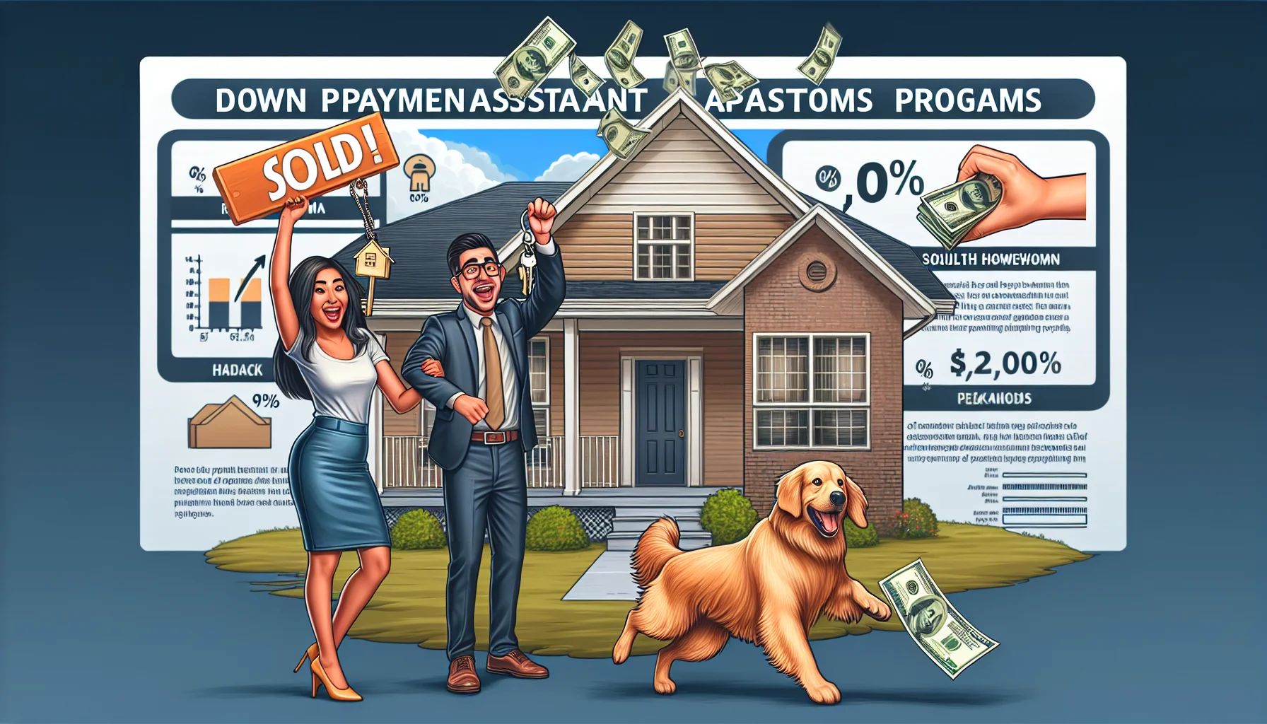 Create a humorous and realistic depiction of a perfect scenario regarding down payment assistance programs in Alabama. Include an ecstatic South Asian female real estate agent holding a sold sign in front of a charming, recently purchased house. The new homeowners, a Hispanic male and a Middle-Eastern female, are gleefully throwing their house keys in the air while their golden retriever catches them playfully. In the background, an explanatory infographic shows the highlights of Alabama's down payment assistance programs, with cash icons, percentages, and house icons, symbolizing the financial support provided.
