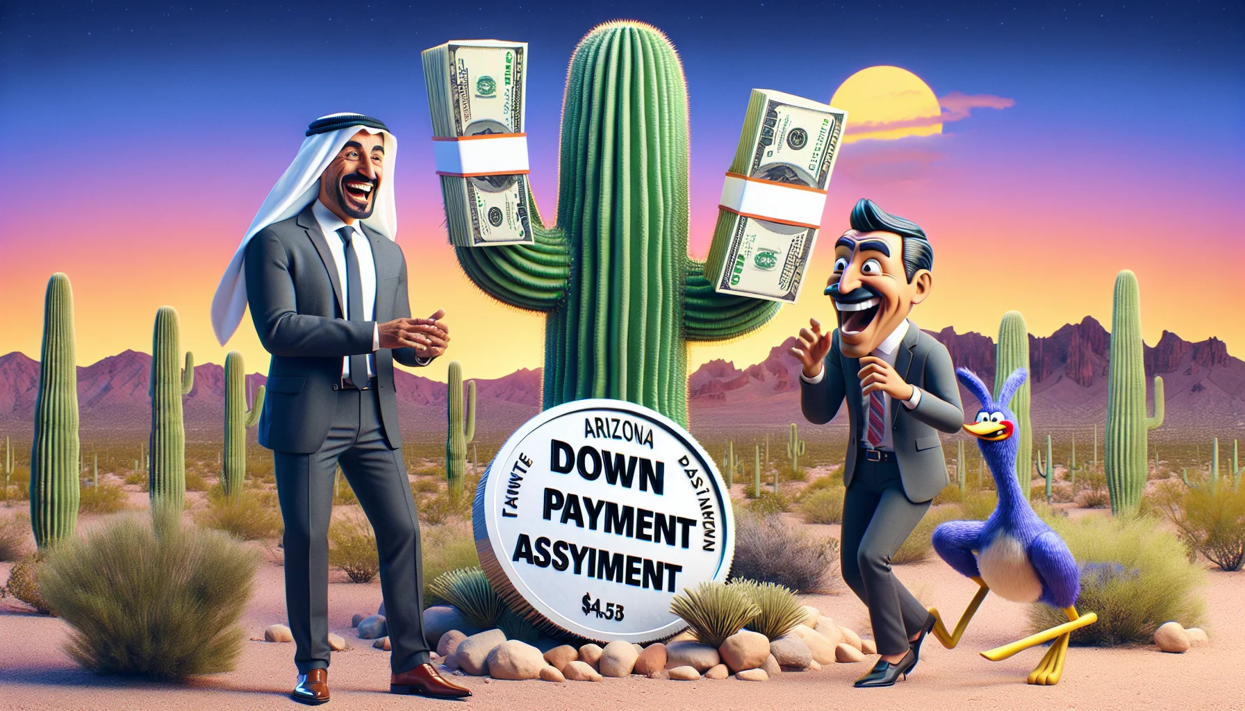 Generate an image displaying a comedic scene related to down payment assistance programs in Arizona. Visualize a couple, one being a Middle-Eastern man, the other an Hispanic woman, both in business attire laughing while standing in front of a massive saguaro cactus. Instead of regular thorns, this cactus has oversized replicas of cash bills sticking out. A roadrunner cartoonishly carrying a gigantic coin labeled 'down payment' is seen hastily running towards them. In the background, there's a stunning Arizona desert sunset. This scene shall represent the amusing and ironical representation of down payment assistance programs.