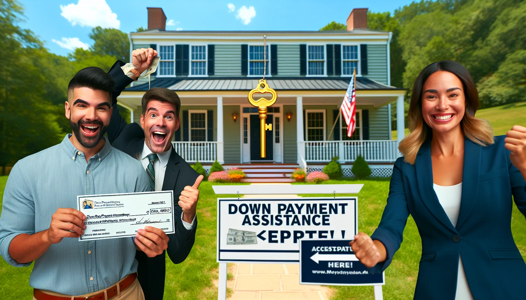 Picture a perfect scenario for a down payment assistance program in Maryland. An ecstatic first-time Hispanic homebuyer, holding the symbolic golden key, stands in front of a beautifully restored colonial-style house. Nearby, a Caucasian real estate agent hands over a large check, symbolizing the assistance from the program. A sign reads 'Down Payment Assistance Accepted Here!' stands in the lush green yard, and a blue Maryland state flag flutters in the breeze. The scene captures the essence of joy, relief and accomplishment arising from this successful interaction between seller, buyer, and the assistance program.