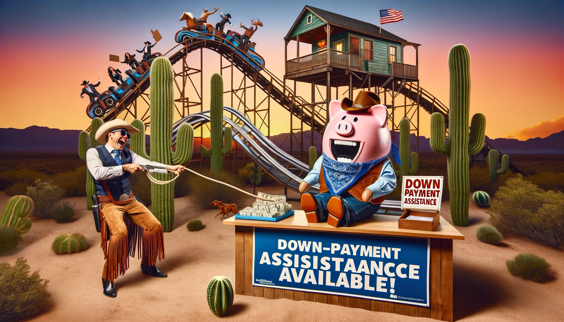 Create a humorous scene set in Texas that symbolizes down-payment assistance programs in a fun and satirical manner. Image may include a cowboy-dressed piggy bank laughing hysterically as it rides a roller-coaster symbolizing the housing market. Nearby, an individual dressed as a realtor, holding a sign saying 'Down-payment assistance available!' tries to rope the piggy bank in. The surroundings are typical of Texas, with cacti and tumbleweed around, amidst a vibrant sunset.