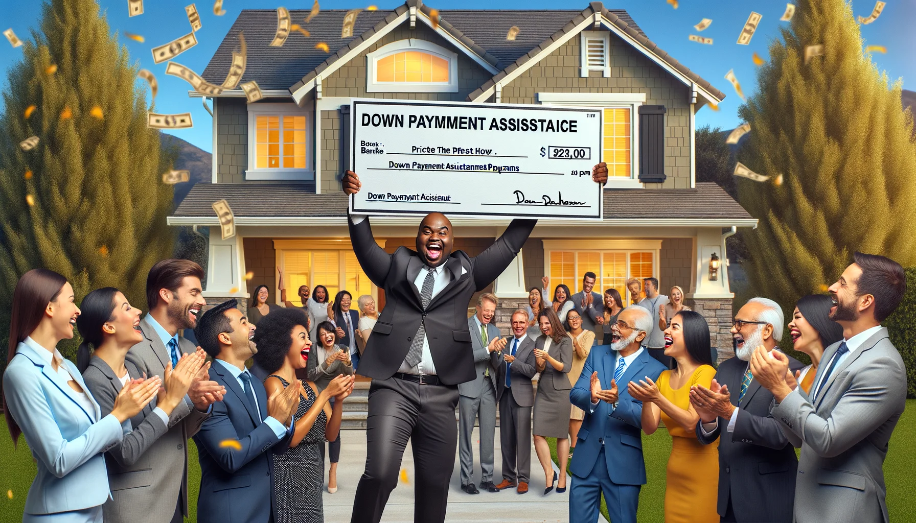 Create a humorous, realistic image representing the perfect scenario for down payment assistance programs. Picture this: A joyous Black man in a professional suit holding a giant symbolic check with the words 'Down Payment Assistance' written on it. He's standing in front of a charming suburban home with a 'Sold' sign in the yard. A group of enthusiastic South Asian bankers in business attire are shaking hands and applauding. In the background, a diverse crowd of Hispanic, White, and Middle-Eastern individuals is celebrating, with a few popping confetti poppers. The atmosphere exudes joy, relief, and a sense of achievement.
