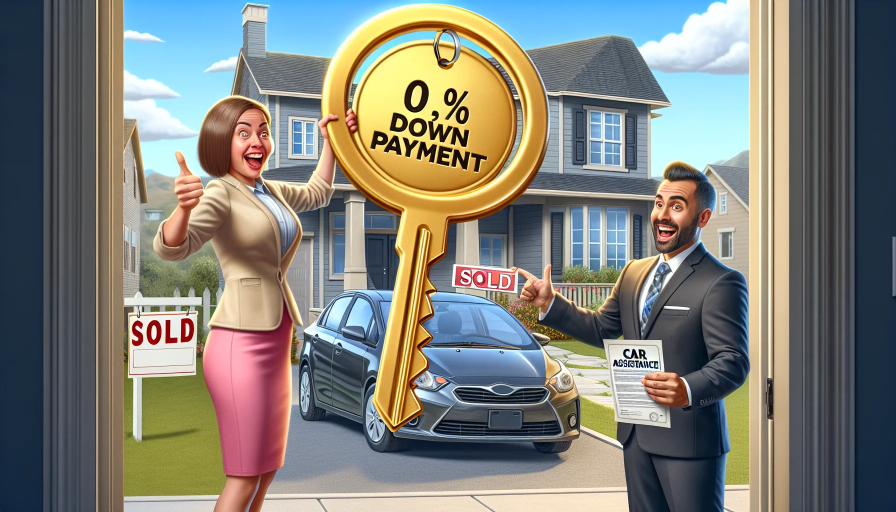 Create a humorous, realistic scene illustrating the best-case scenario for a down payment car assistance program related to real estate. The image features a jubilant Caucasian woman holding a big, shiny symbolic golden key labeled 'Car Assistance'. She stands in front of a charming new house with a sold sign, and there's a shiny new car in the driveway. A Hispanic real estate agent is pointing towards the car with an enthusiastic expression, showing a contract with clear, big words '0% Down Payment'. In the background, we see a picturesque suburban neighborhood under a clear blue sky.