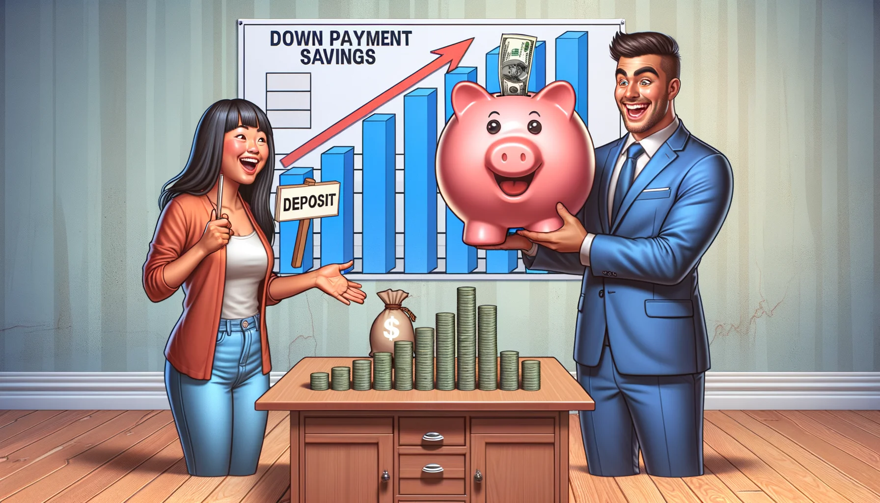 Create a humorous, realistic image that vividly illustrates the most ideal scenario for down payment savings strategies. Show a cheerful real estate agent of Hispanic descent presenting, with excitement, a large piggy bank full of money with a 'Deposit' sign on it to a delighted Asian female first-time home buyer. In the background, there's an oversized bar chart depicting the increased savings over a timeline. All these are presented in a light-hearted environment, with characters exuding happiness and contentment, truly representing the power of successful savings strategies.