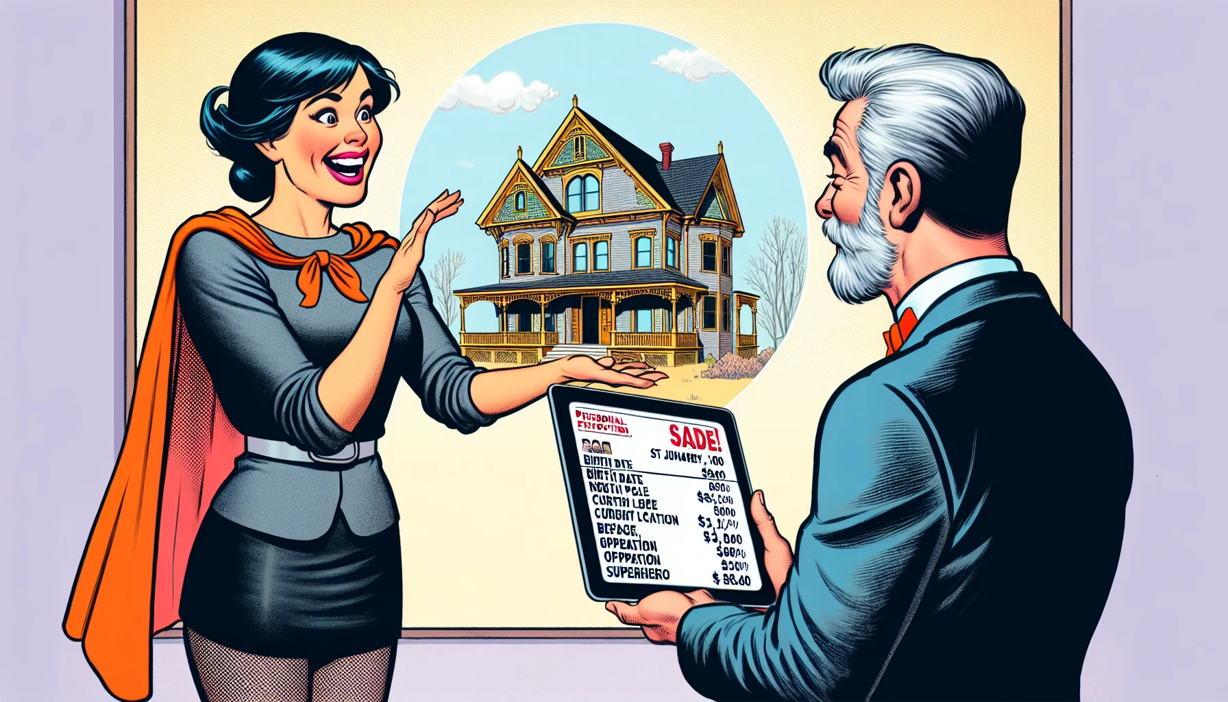 Illustrate a humorous, yet realistic scene showcasing the advantages of data protection in an ideal real-estate scenario. Picture a realtor, a Hispanic woman in her early thirties, showing a home to a potential buyer, an older Caucasian man. The realtor is presenting a digital tablet displaying a beautifully renovated Victorian house. All personal data fields are conspicuous with unusual entries - the birth date is '1st January 1800', the current location is 'North Pole', and occupation is 'Superhero'. The man reacts with amusement and surprise, highlighting the extent at which data privacy is maintained.