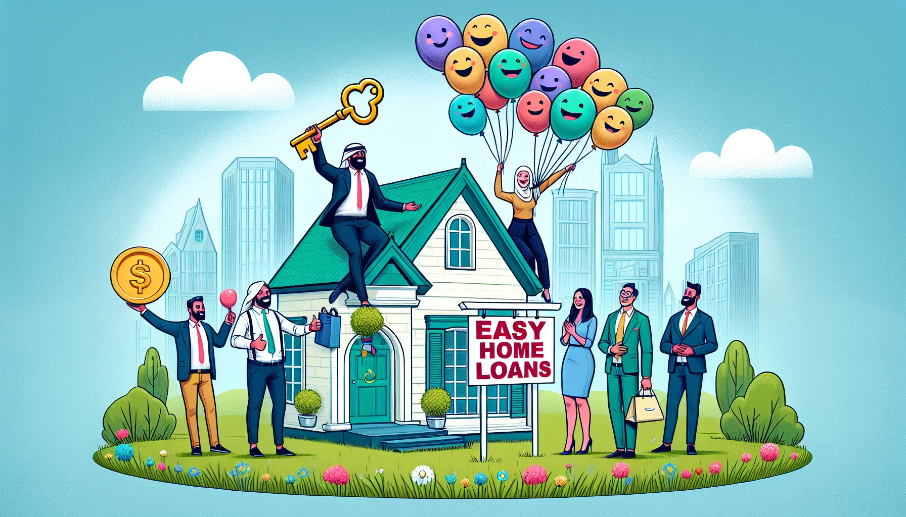 Craft an image containing a scenario related to easy home loans. In this scene, visualize a house with a 'sold' sign placed in its vibrant green garden. A diverse group of people, composed of a Middle-Eastern male real estate agent, a Caucasian woman and an Asian man holding colourful balloons, celebrating beating the odds in a competitive real estate market. Place a large key in the woman's hand, a symbol representing home ownership. To add humor, sketch a happier than usual bank building in the distant background, radiating joy through cartoonish features like wide grinning faces on its windows.