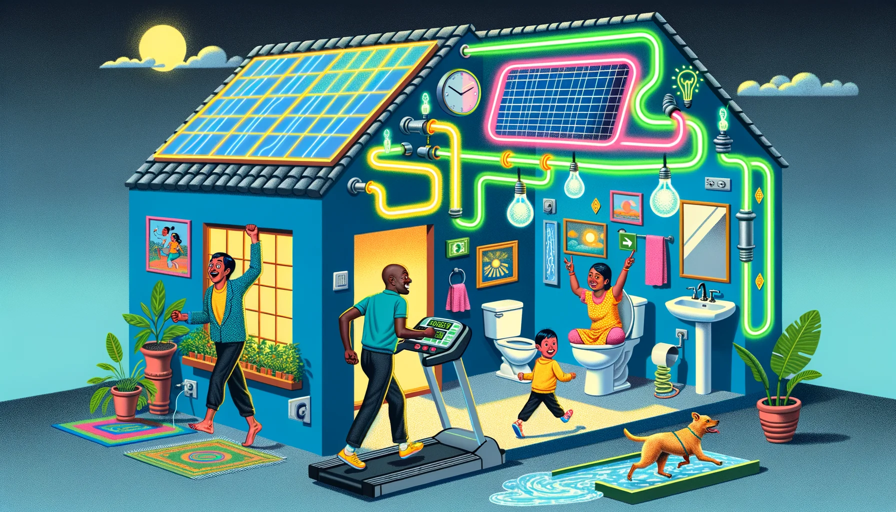 Generate a humorously depicted image on the theme of energy efficiency. In the scene, a family consisting of a Black mother, a Caucasian father, and their South Asian adopted child are enjoying an overly exaggerated energy-efficient life inside their home. Neon lights are powered by a treadmill where the dog is running. The toilet flushes with rainwater collected outside, indicated by a pipe leading from the roof. In the hallway, the family is using sun-reflecting mirrors instead of lights. On the outside, a solar panel is partially covering the roof, but it's comically shaped like a giant solar-powered cell phone charger.