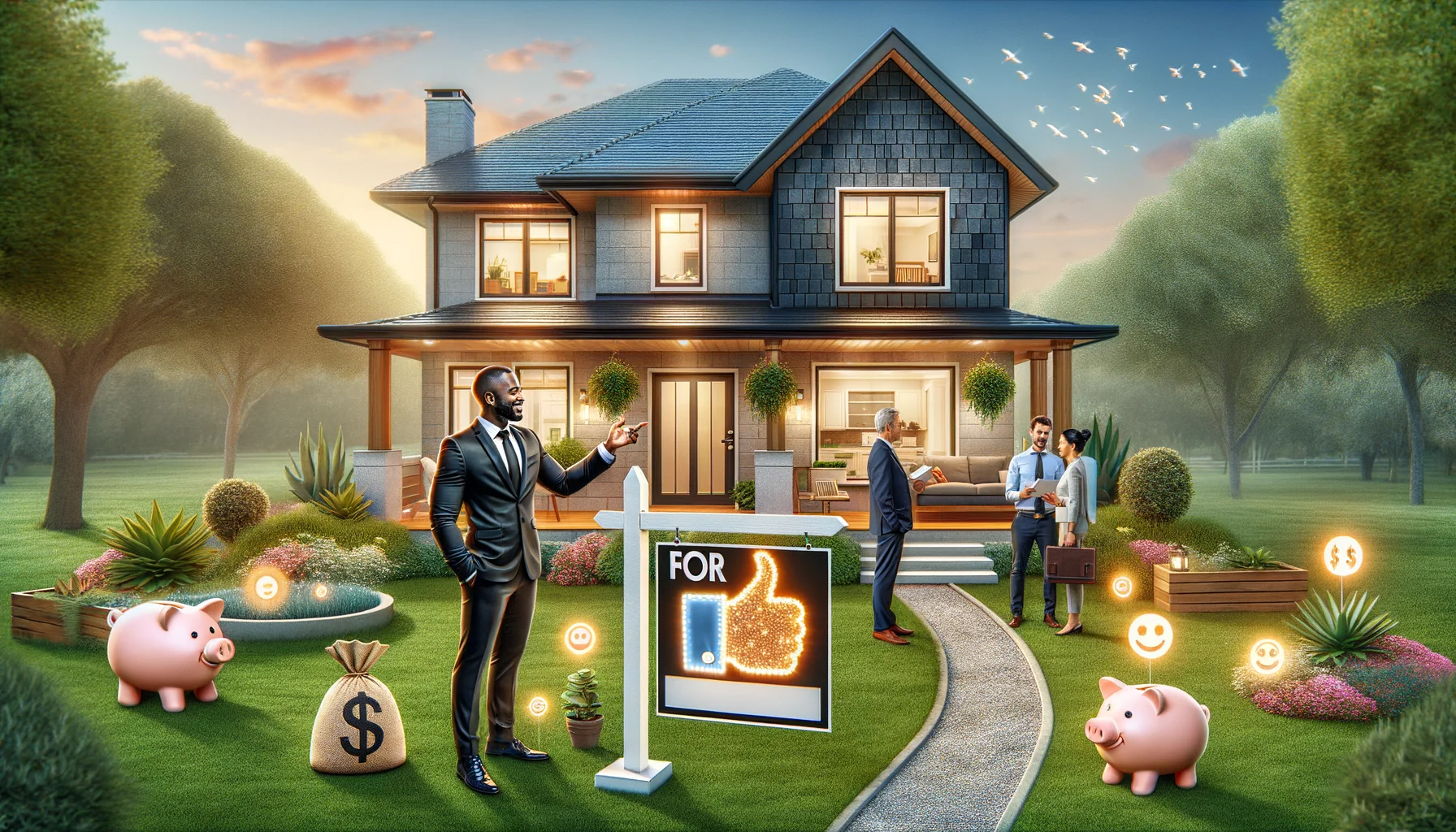 Create an amusingly realistic image detailing the best-case scenario of selling a home. The image would include a sparkling clean, beautifully decorated modern house enveloped by a lush, manicured garden. Outside, there's a cardboard cutout of a realtor - a Black woman professionally dressed, pointing towards a 'For Sale' sign glowing with an irresistible aura. Inside the house, a Caucasian man and a Middle-Eastern woman discuss with a prospective buyer - represented by a thumbs-up icon. Finally, add subtle visual cues like overflowing piggy banks and happy emojis interspersed to represent a successful transaction.