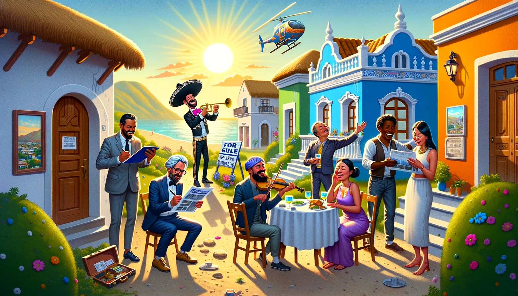 A humorous yet realistic image illustrating the exploration of Mexico's real estate market. Picture a sun-drenched landscape where a diverse mix of people are touring colorful Mexican homes, ranging from charming villas to modern apartments. A Middle-Eastern man takes notes enthusiastically, a South Asian woman negotiates with the agent, and an African woman views a virtual map of available properties. A Hispanic man paints a 'for sale' sign while an Asian woman, soaked in the sunlight, admires a charming blue and white villa. As if a perfect day isn't enough, a mariachi band plays cheerful music in the background, adding to the overall hilarity of the productive and perfect real estate market exploration.