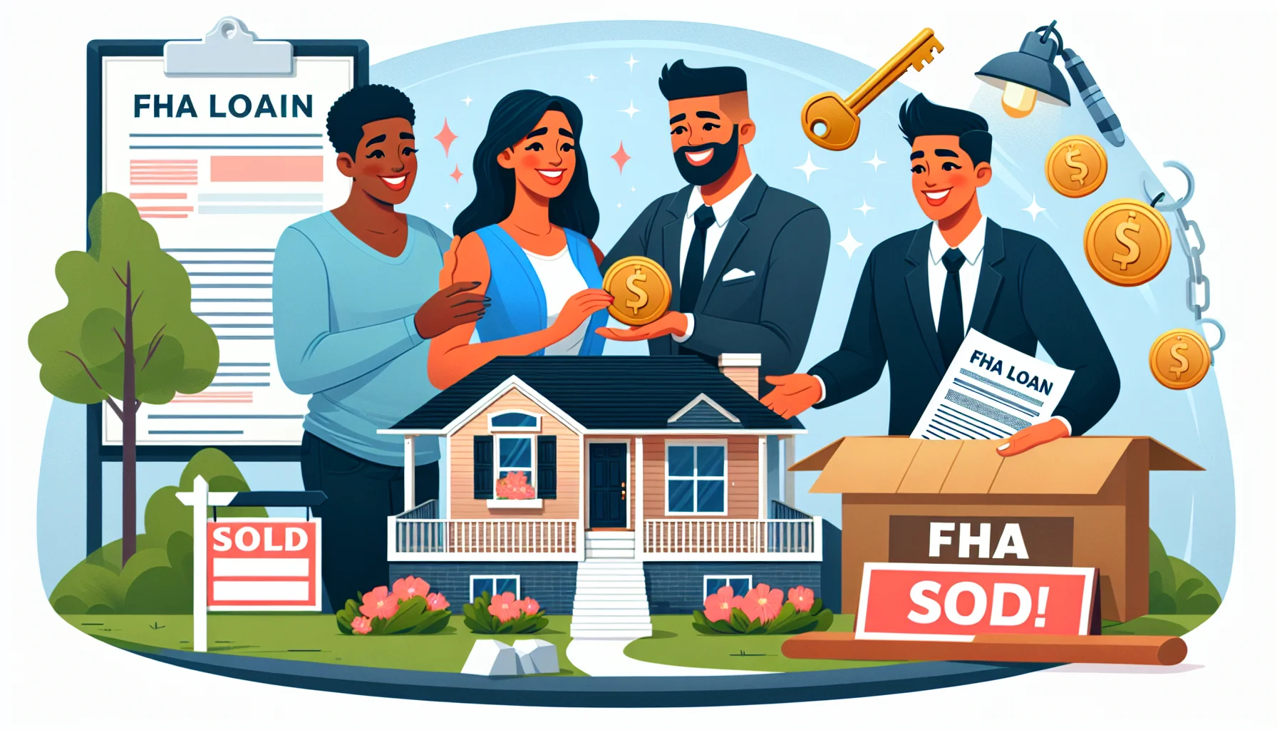 Envision a scene encompassing the ideal set-up for first-time home buyers with FHA loans. The image displays a cozy, modern house with a 'Sold' sign proudly displayed at the front. An ecstatic couple, one a Black female and the other a Hispanic male, holding a large key, symbolizing their successful purchase. Behind them, a professional real estate agent, a Middle-Eastern woman hands over documents, signifying FHA loan approvals and requirements fulfilled. The entire scene is filled with positive energy and excitement, giving a sense of achievement and immense joy.