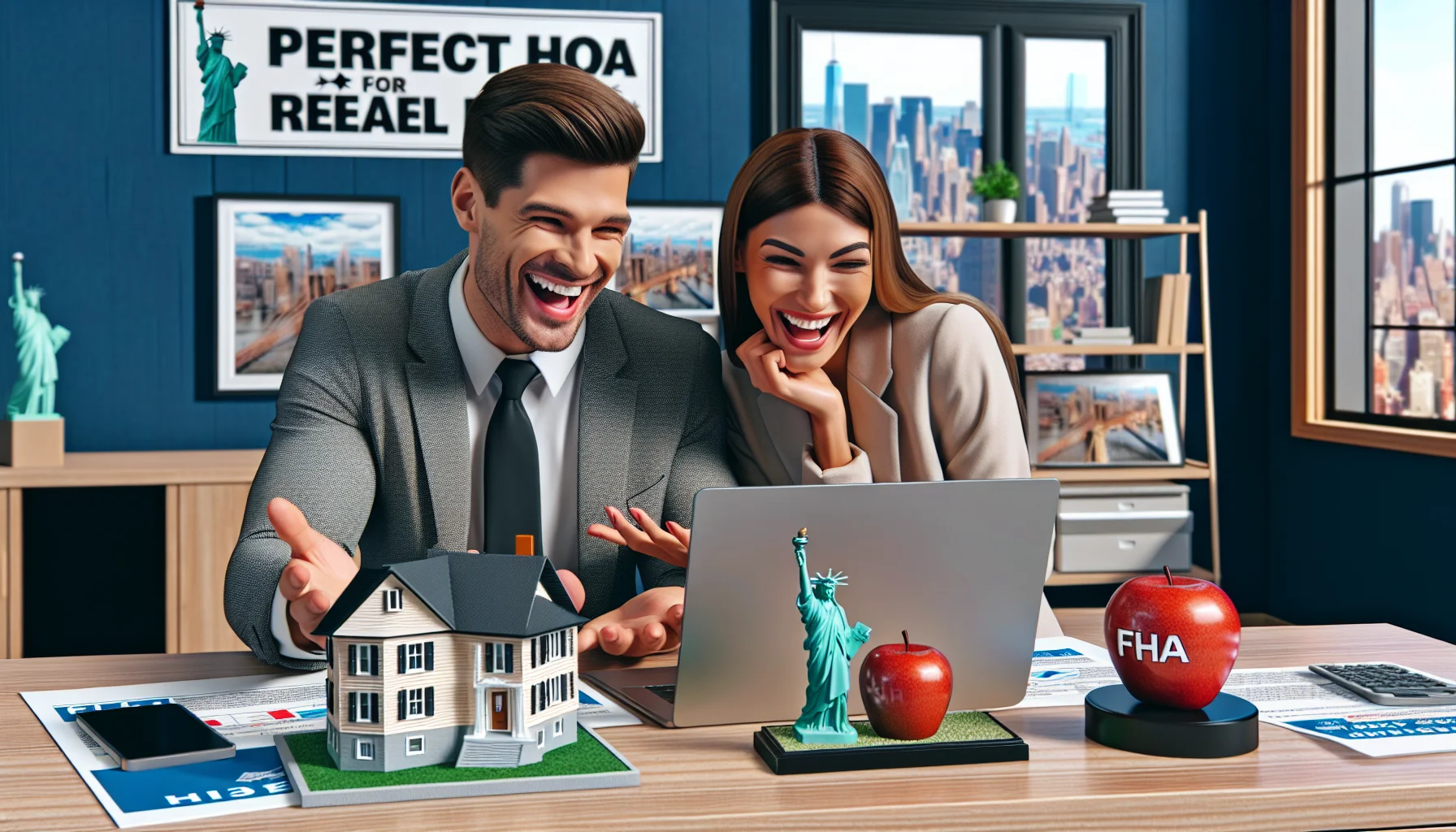 Create a delightful and realistic 3D image where an Caucasian male real estate agent and a Hispanic female client joyously analyze the FHA loan requirements on a laptop. They're sitting in an office filled with NY-themed decor, with landmarks such as the Statue of Liberty, and an apple to symbolize 'The Big Apple'. On the wall, hangs a banner with the slogan 'Perfect Scenario for Real Estate' and on the desk lies a miniature model of a house reflecting the ideal property which they are planning to purchase under the FHA loan scheme.