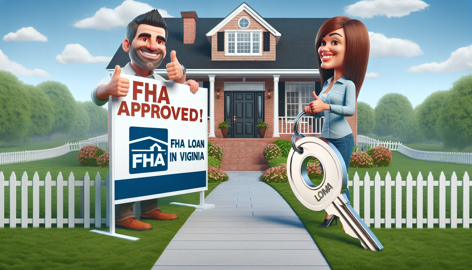 Create a humorous yet realistic image that depicts an ideal scenario surrounding FHA loans in Virginia, regarding real estate. Visualize a large, beautiful, and charming brick house with a white picket fence. Happy homeowners, one Caucasian man and one Hispanic woman, are in front of their home proudly displaying a big banner that reads 'FHA Loan Approved!' There's also a comically oversize key nearby, representing their new home ownership. Include a lush green lawn leading towards a well-maintained sidewalk to give the setting a perfect suburbia feel. Skies should be clear indicating a bright, hopeful future.