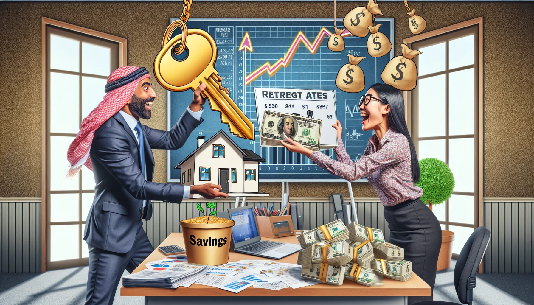 A humorous yet visually realistic interpretation of the perfect real estate mortgage scenario. Imagine a scene set in a bustling yet well-organised finance office. A male Middle-Eastern mortgage broker is handing over giant golden keys to an overjoyed Asian female client, who is holding blueprints of a perfect house. Behind them, on a whiteboard is a chart with drastically decreasing interest rates shaped in a form of a joyful smiley. To add the comic relief, a money tree is growing out of a pot marked as 'Savings' by the side of the office desk.