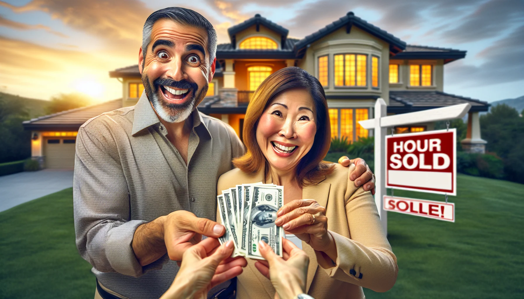 Imagine a humorous yet lifelike picture that perfectly encapsulates the initial down payment for a first-time homeowner in the best possible scenario concerning real estate. This could perhaps portray a middle-aged, mixed-race couple (the man of Hispanic descent and the woman of East Asian descent) with beaming smiles as they confidently hand over a tiny pile of money to the Caucasian female real estate agent. Meanwhile, the luxury house in the background radiates a warm and welcoming glow, and a 'SOLD' sign stands triumphantly on the exquisitely manicured lawn.