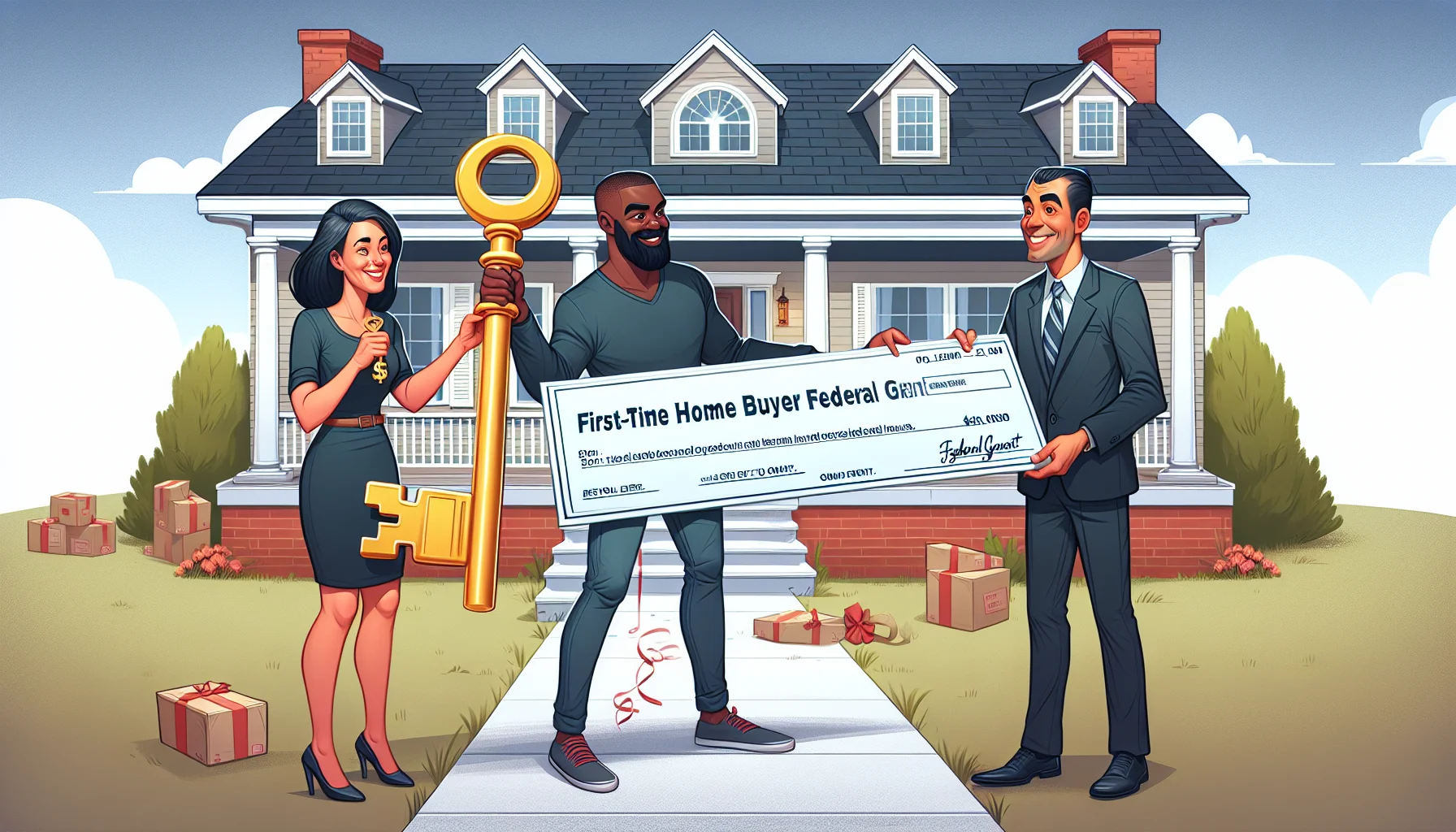 Create a humorous and realistic illustration depicting a perfect scenario involving first-time home buyer federal grants. The image could present a Caucasian woman and a Black man holding giant golden keys in their hands, standing in front of a beautiful, newly-purchased house, with a banner in the background that reads 'First-time Home Buyer Federal Grants'. A man, who represents a real estate agent, possibly of Middle-Eastern descent, is handing them a big check, with the words 'Federal Grant' written on it. The atmosphere should be light-hearted and celebratory, possibly with balloons and confetti floating around.