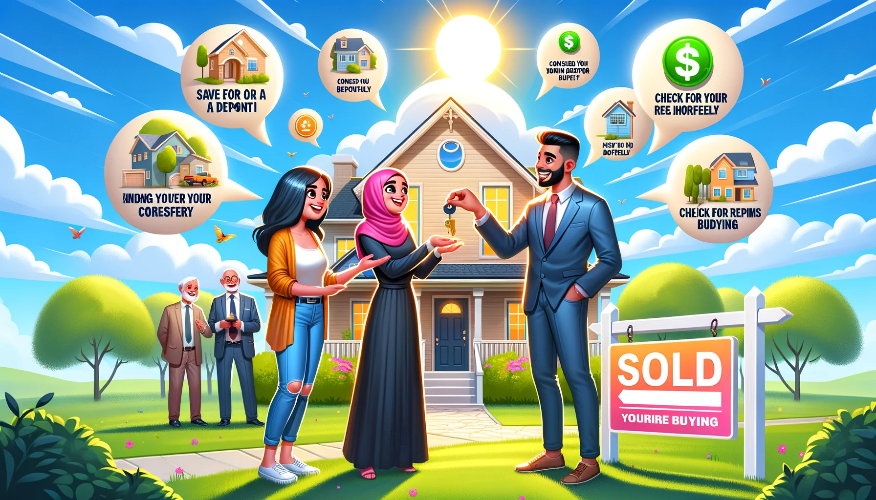 An amusing real-life scene showcasing first-time home buyer tips in an ideal scenario: an eager young Caucasian female realtor handing over the keys to a beautiful suburban house to an ecstatic Middle-Eastern couple. The house, glowing under a perfect sunny sky, has a 'Sold' sign stuck in the lush green front yard. All around thematic, some fun infographics are floating in mid-air depicting tips: 'Save for a deposit,' 'Consider your budget carefully,' 'Check for repairs before buying,' etc., emphasized with whimsical iconography and joyful colors.