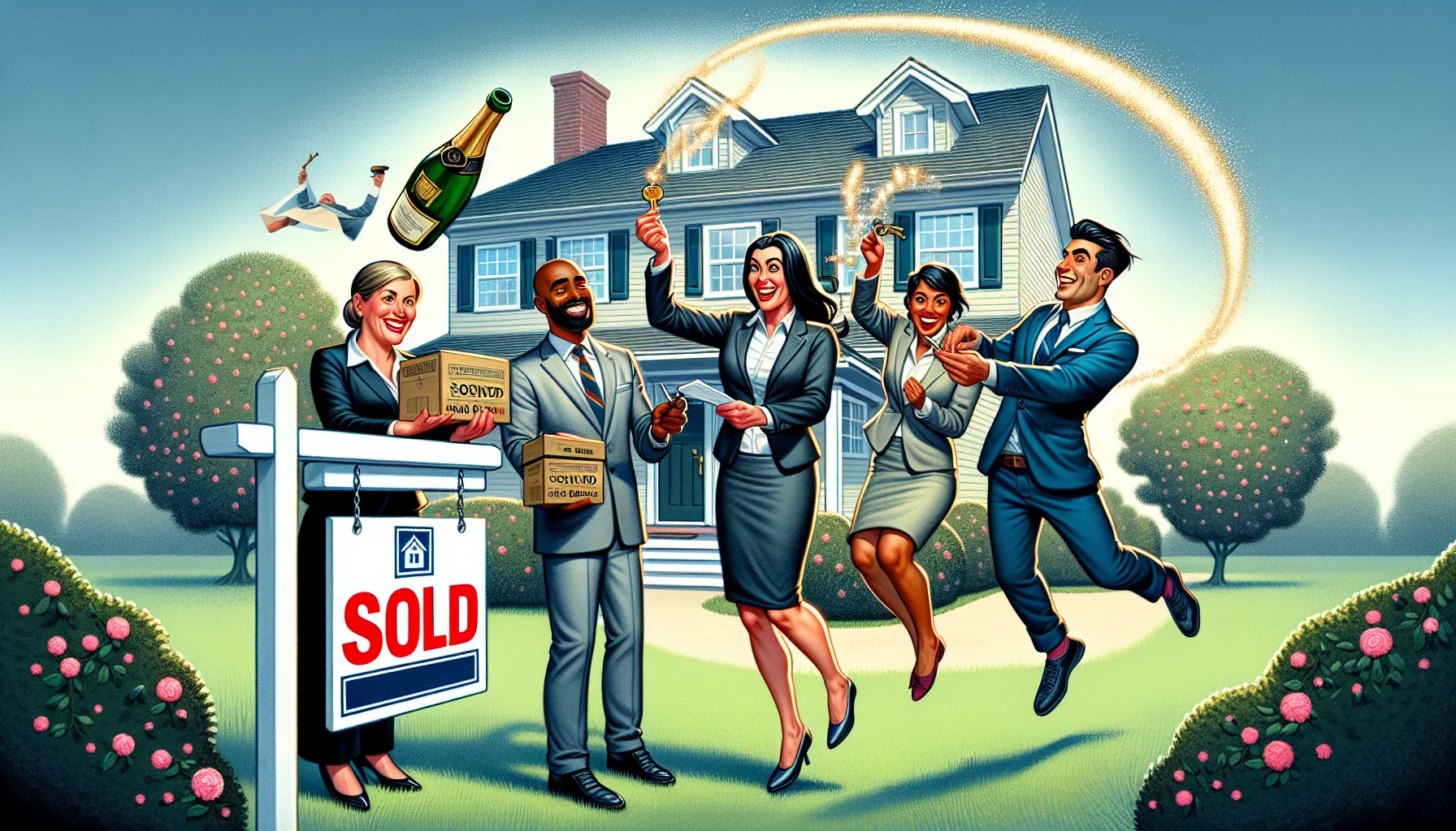 An illustration of a comedic and idealized scene related to first-time homeownership. Picture a pristine suburban house with a manicured lawn and a SOLD sign. Near the sign, a bank representative, a Caucasian woman in professional attire, hands over keys to a South Asian man, a Black woman and a Middle Eastern man - the new homeowners, all celebrating with wide smiles. Their joy is exaggerated to humorous proportions - they are jumping high in the air with excitement, tossing their hats, and a champagne bottle pops in the background. Remind it's an idealization of real-estate perfection.