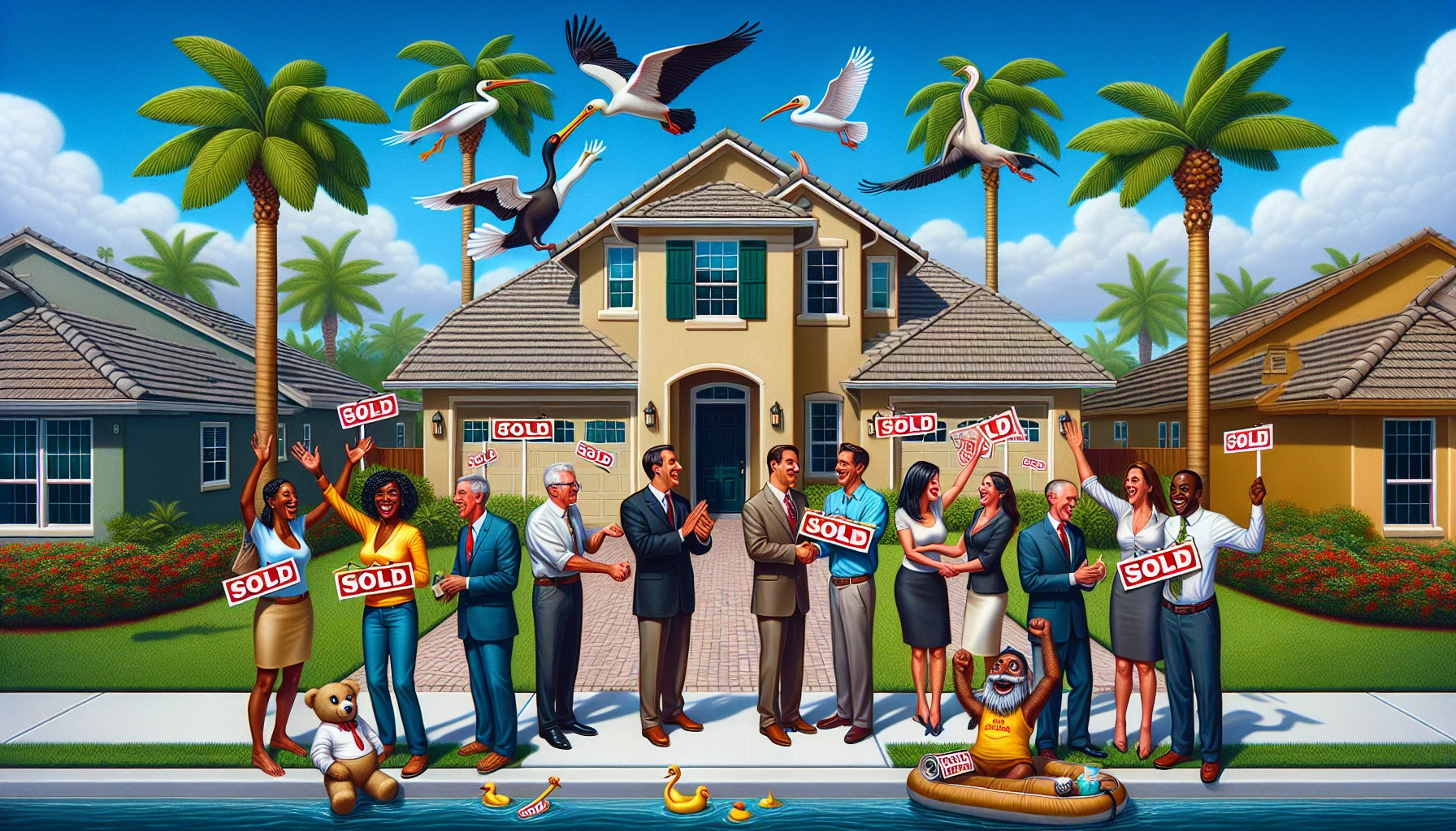 Create a humorous and realistic visual representation of an ideal scenario for the Florida housing market in 2024. Imagine a sunny suburban neighborhood with a lucid blue sky. Mid-scale, stucco homes with green, lush yards show 'Sold' signs in every front yard, hinting at a highly successful real estate boom. Prospective buyers of various descents including, Caucasian, Hispanic, Black, Middle-Eastern, South Asian, are seen joyously celebrating their new home purchases. Also, include some real estate agents, both men and women of different races, patting each other's backs, reflecting prosperous sales and vibrant market interactions. To emphasize the humor, add some palm trees wearing party hats and pelicans delivering scrolls of housing contracts.